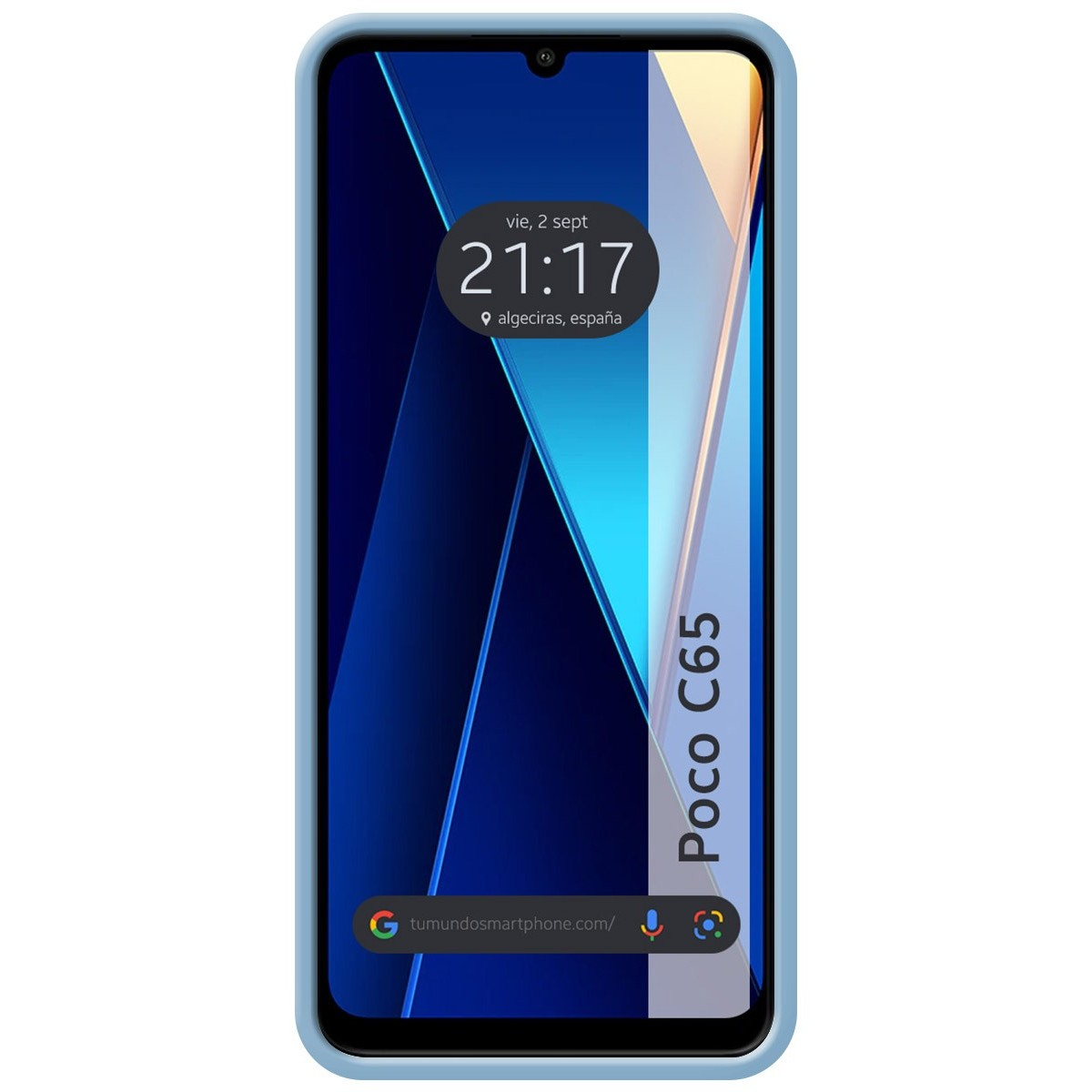 Custodia blu con schermo del telefono che mostra ora e luogo.
