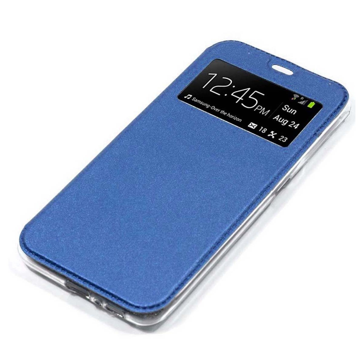 Custodia blu per telefono con coperchio chiuso che mostra l'ora e la data.