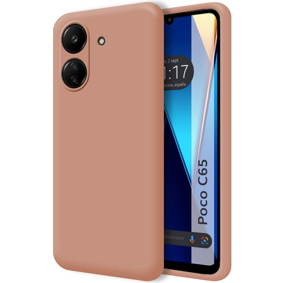 Custodia rosa con un telefono dentro. Schermo del telefono visibile.