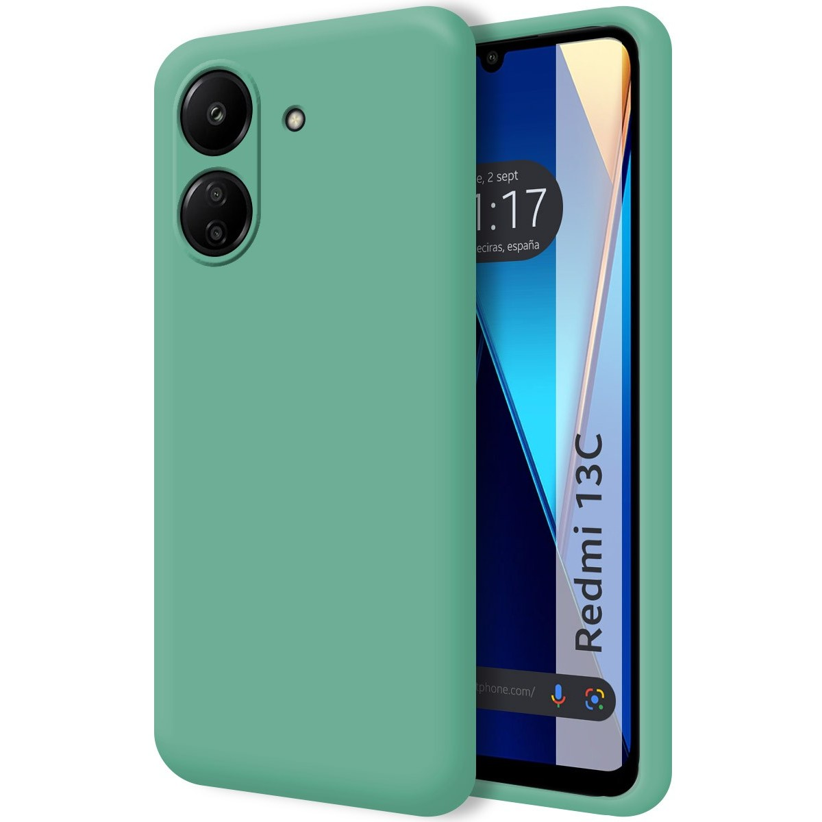 Una custodia per telefono verde e un telefono con le parole Redmi 13C sullo schermo del telefono.