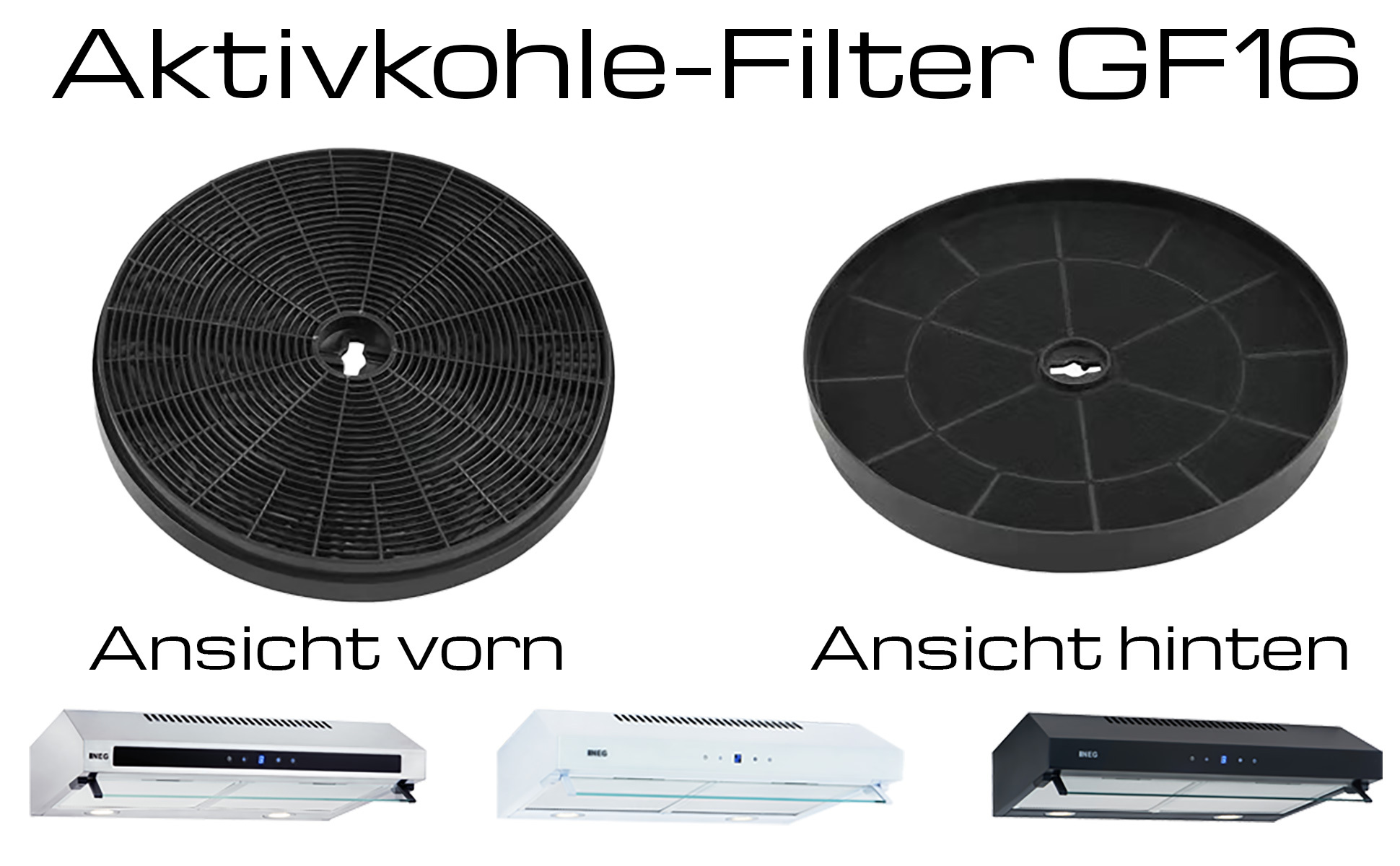 Zwei Ansichten eines schwarzen Aktivkohlefilters für Dunstabzugshauben, mit Bildern von Dunstabzugshauben darunter.