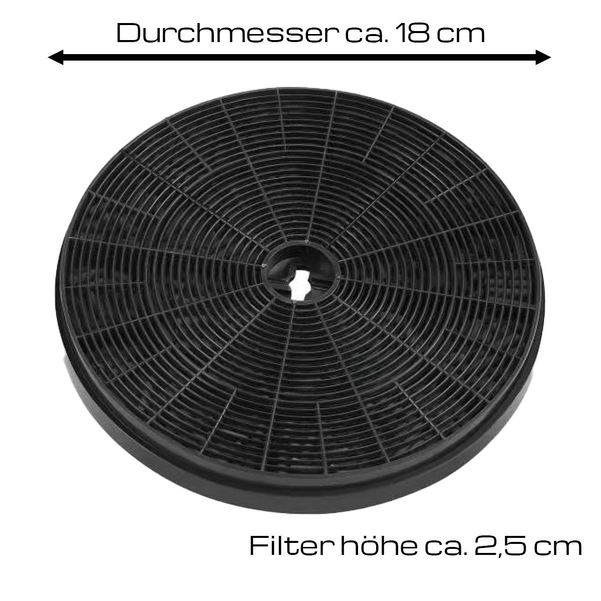 Ein schwarzer Filter mit einem Mesh-Design wird gezeigt, mit einem Durchmesser von 18 cm.