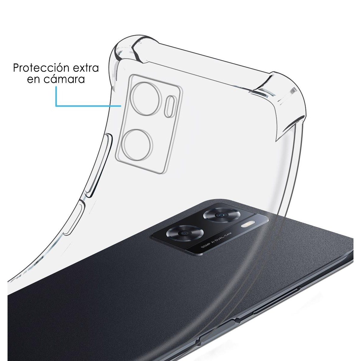Telefono in custodia trasparente. Testo: Protezione extra per la fotocamera.