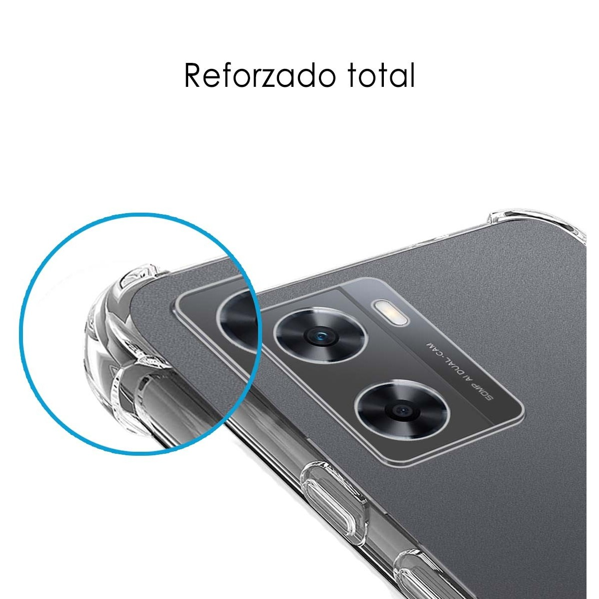 Custodia per telefono con angoli rinforzati. Trasparente. Testo: Reforzado total.