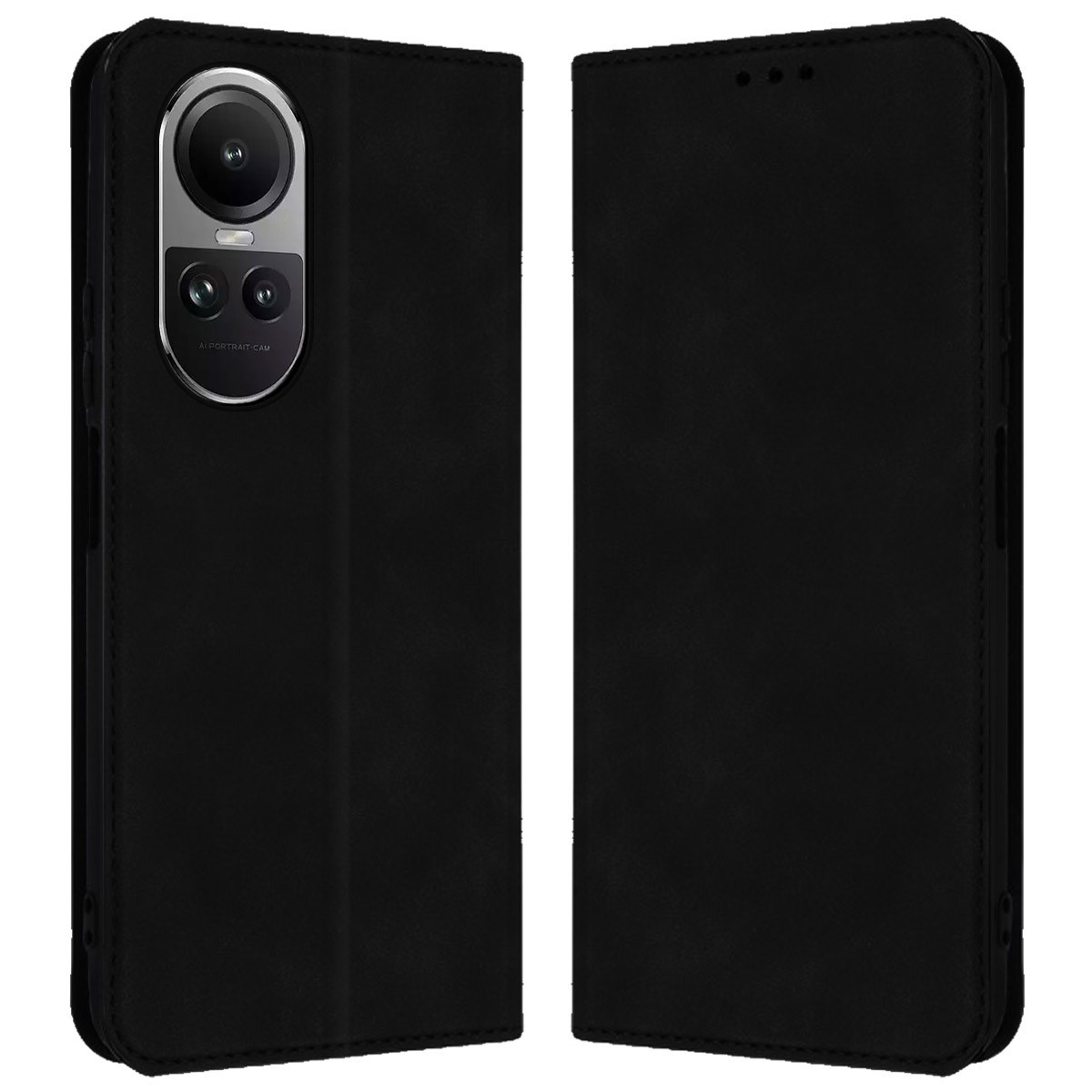 Custodia per telefono nera, chiusa e aperta, che mostra una fotocamera. La custodia aperta rivela il telefono.