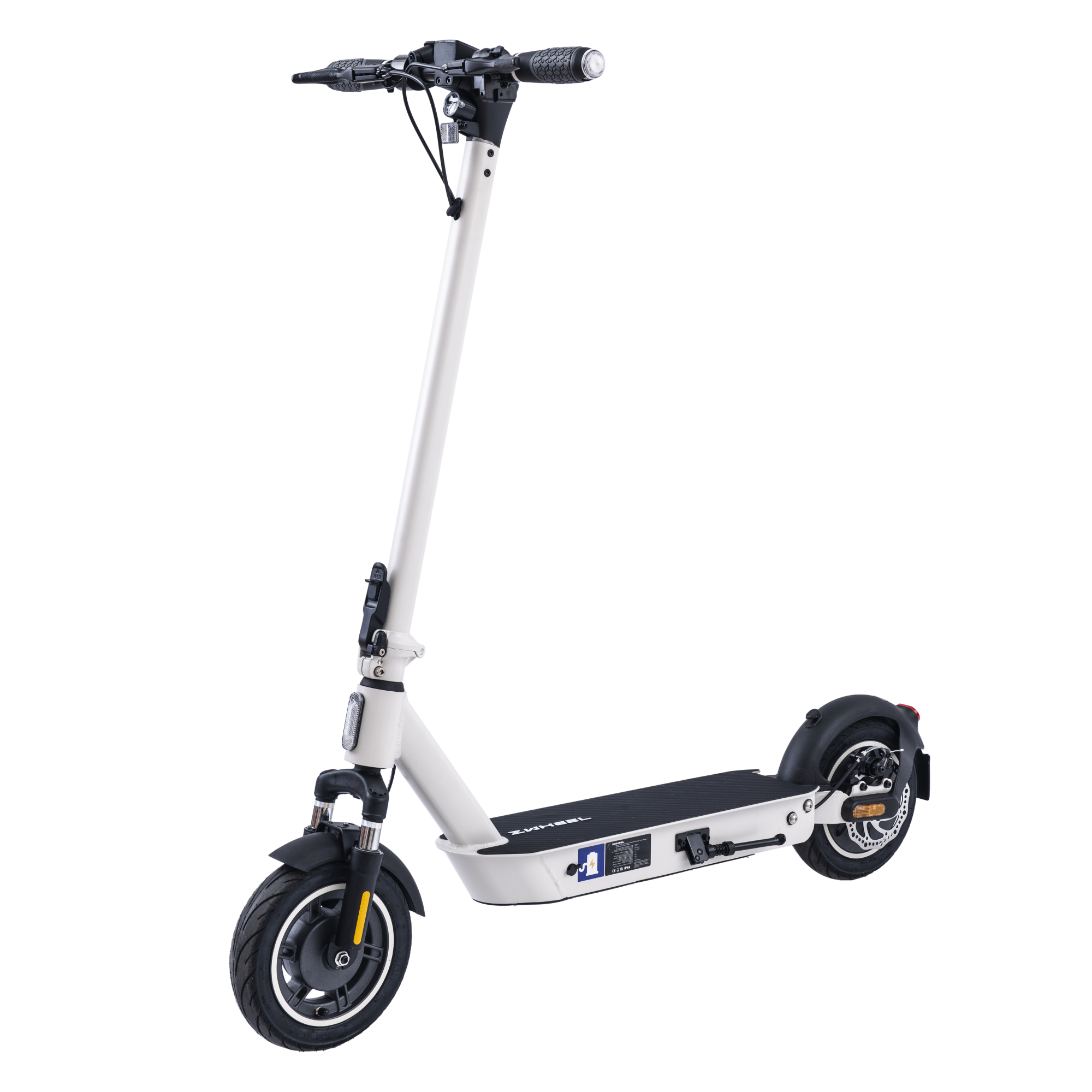 Un patinete eléctrico, cuerpo blanco, ruedas negras y base negra, aislado sobre fondo blanco.