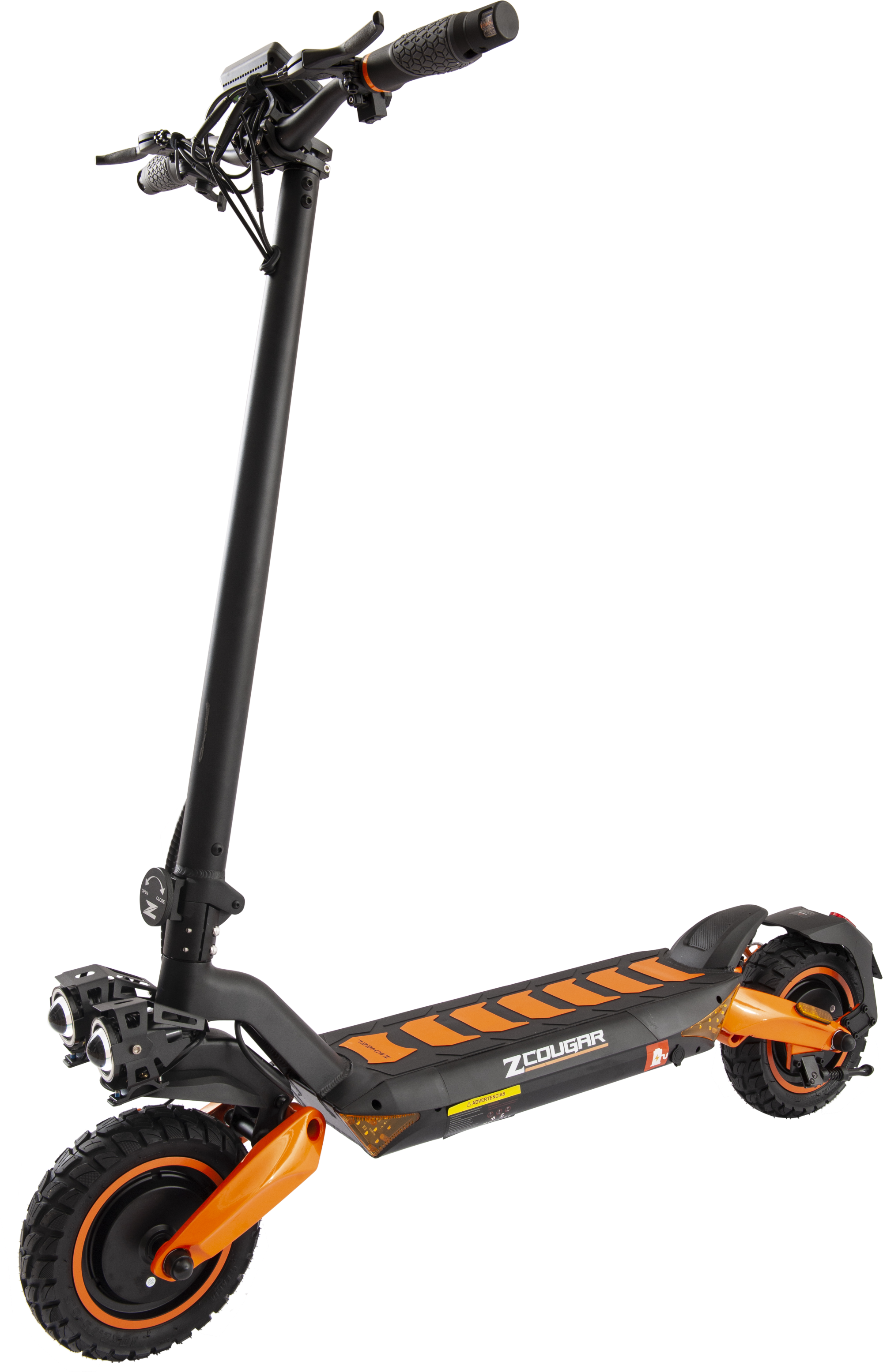 Patinete eléctrico negro y naranja sobre fondo negro. Luces y logotipo de Cougar son visibles.