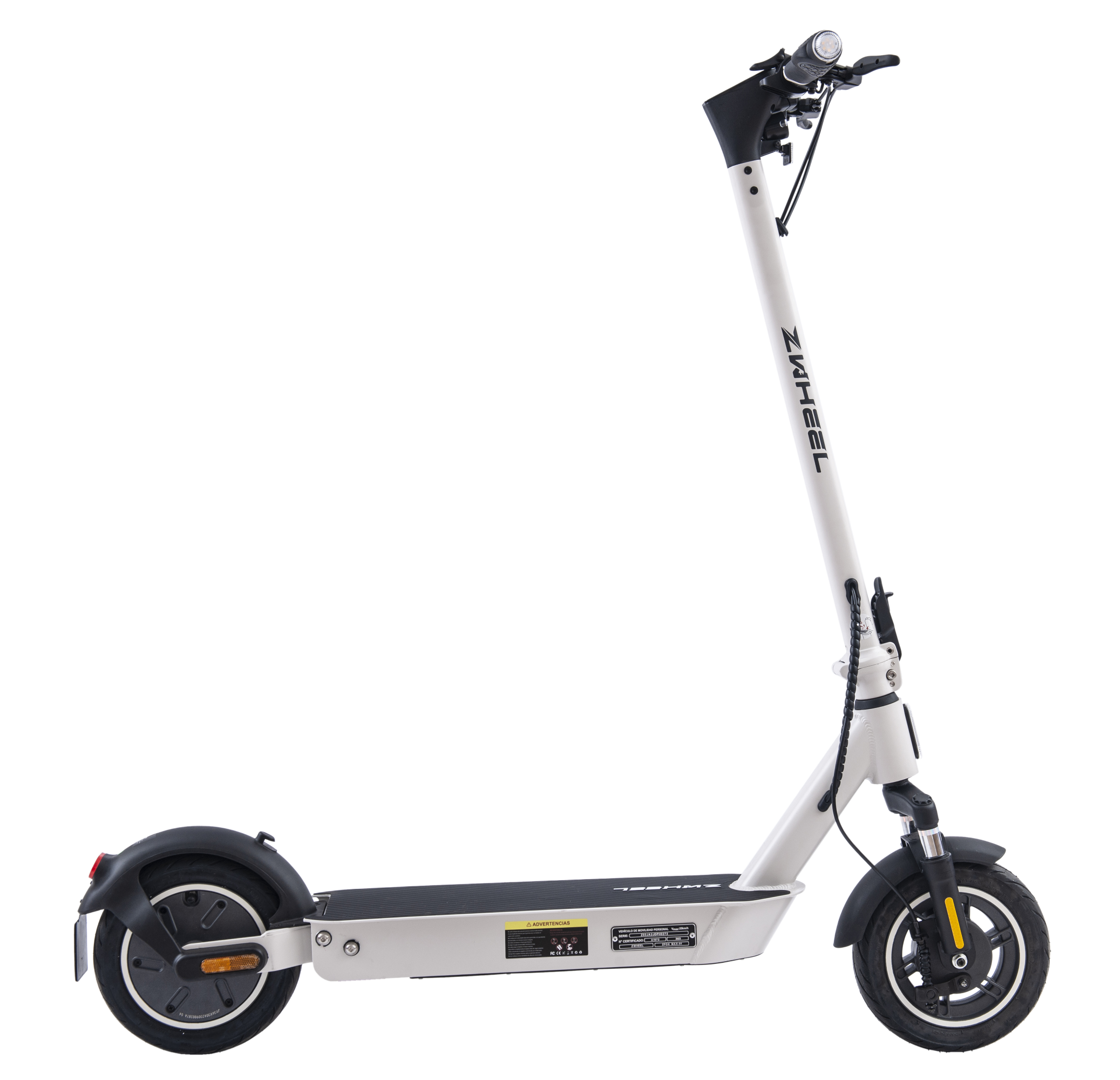 Scooter eléctrico blanco y negro con fondo negro, vista aislada.