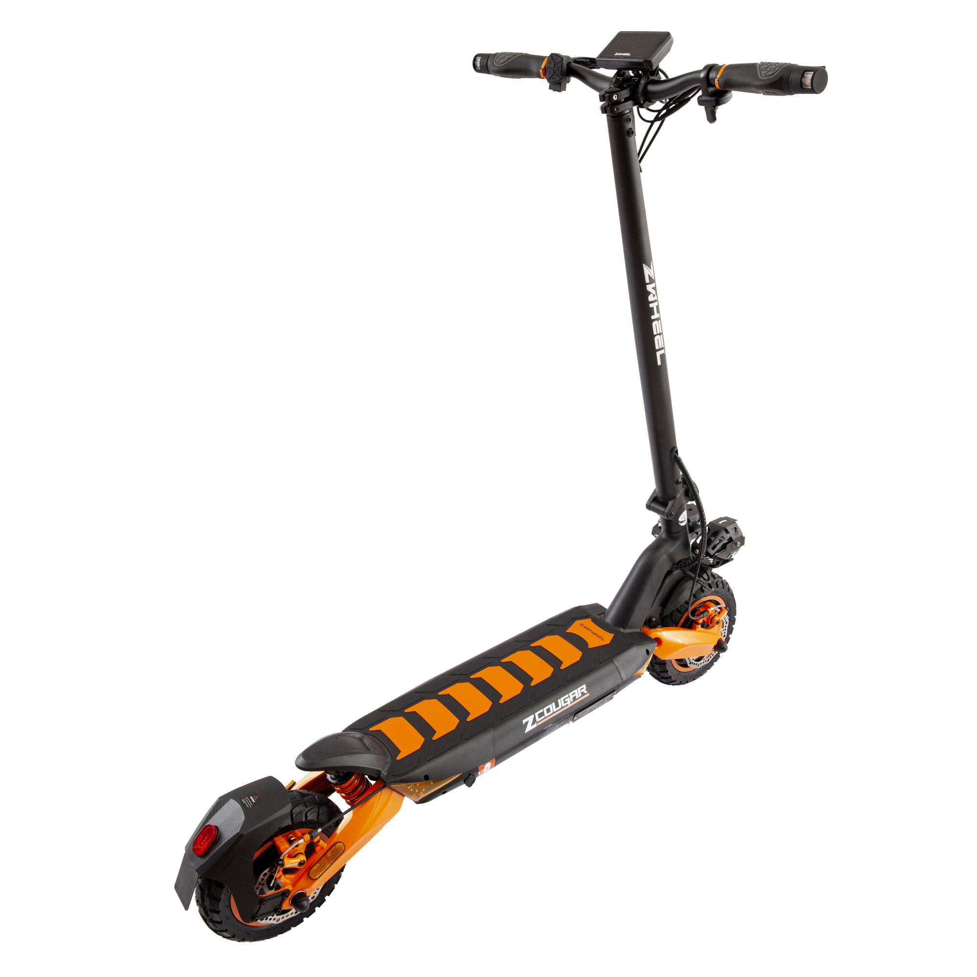 Un scooter eléctrico. Es negro y naranja, con una plataforma negra y un manillar y otras partes naranjas.