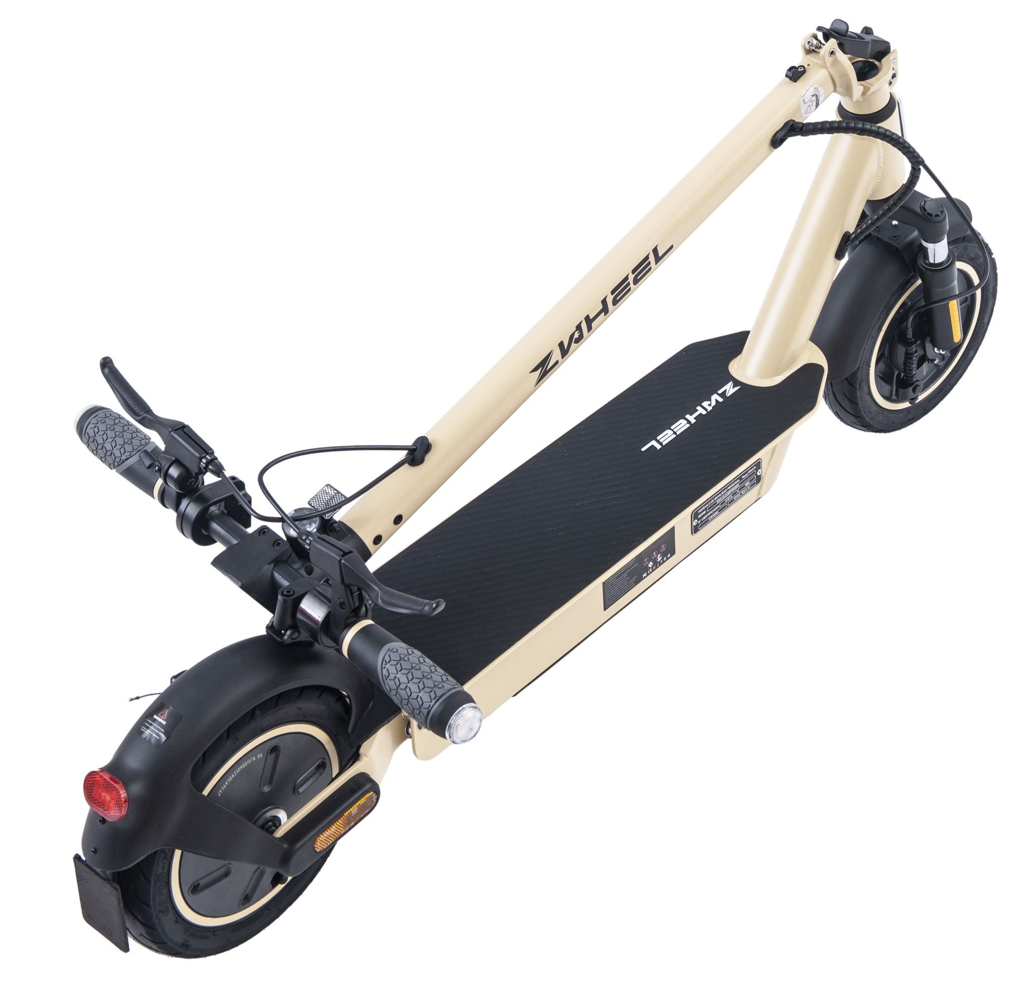 Scooter eléctrico ZWheel beige. El scooter está en ángulo hacia arriba y tiene una plataforma negra.