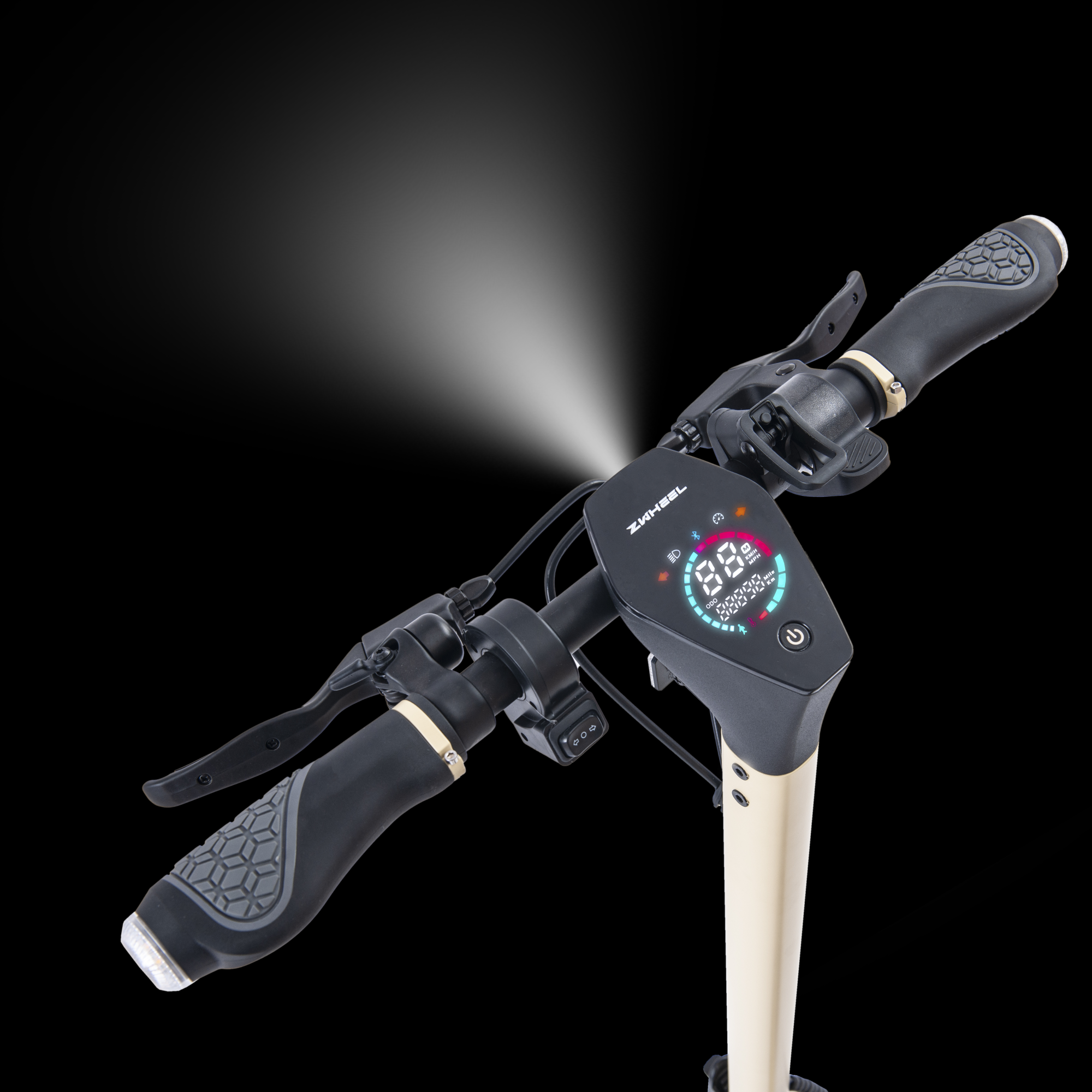 Un manillar de e-scooter con una luz brillando. Tiene controles y una pantalla.