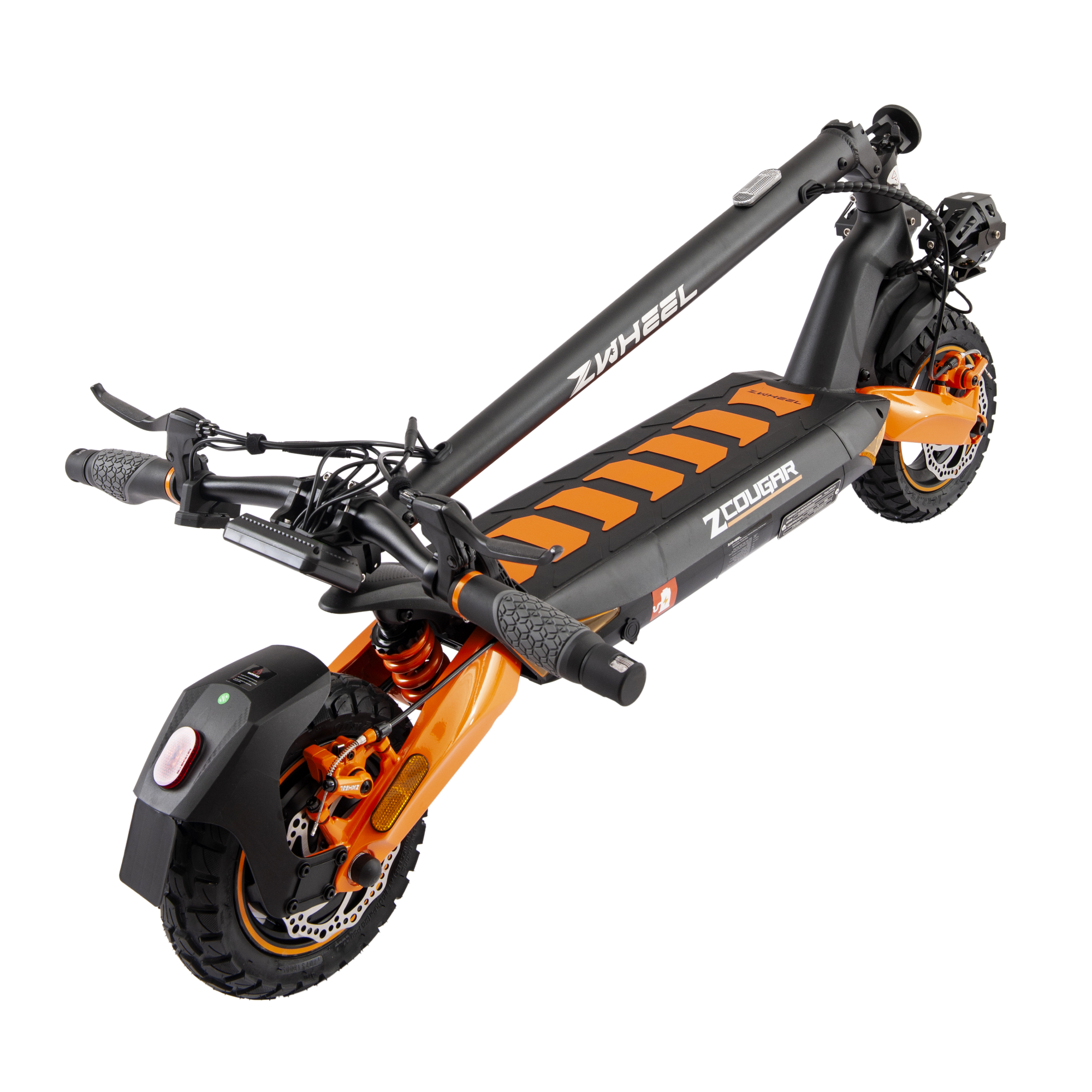 Scooter eléctrico negro y naranja, con el logotipo de ZWheel Cougar. El scooter está sobre un fondo negro.