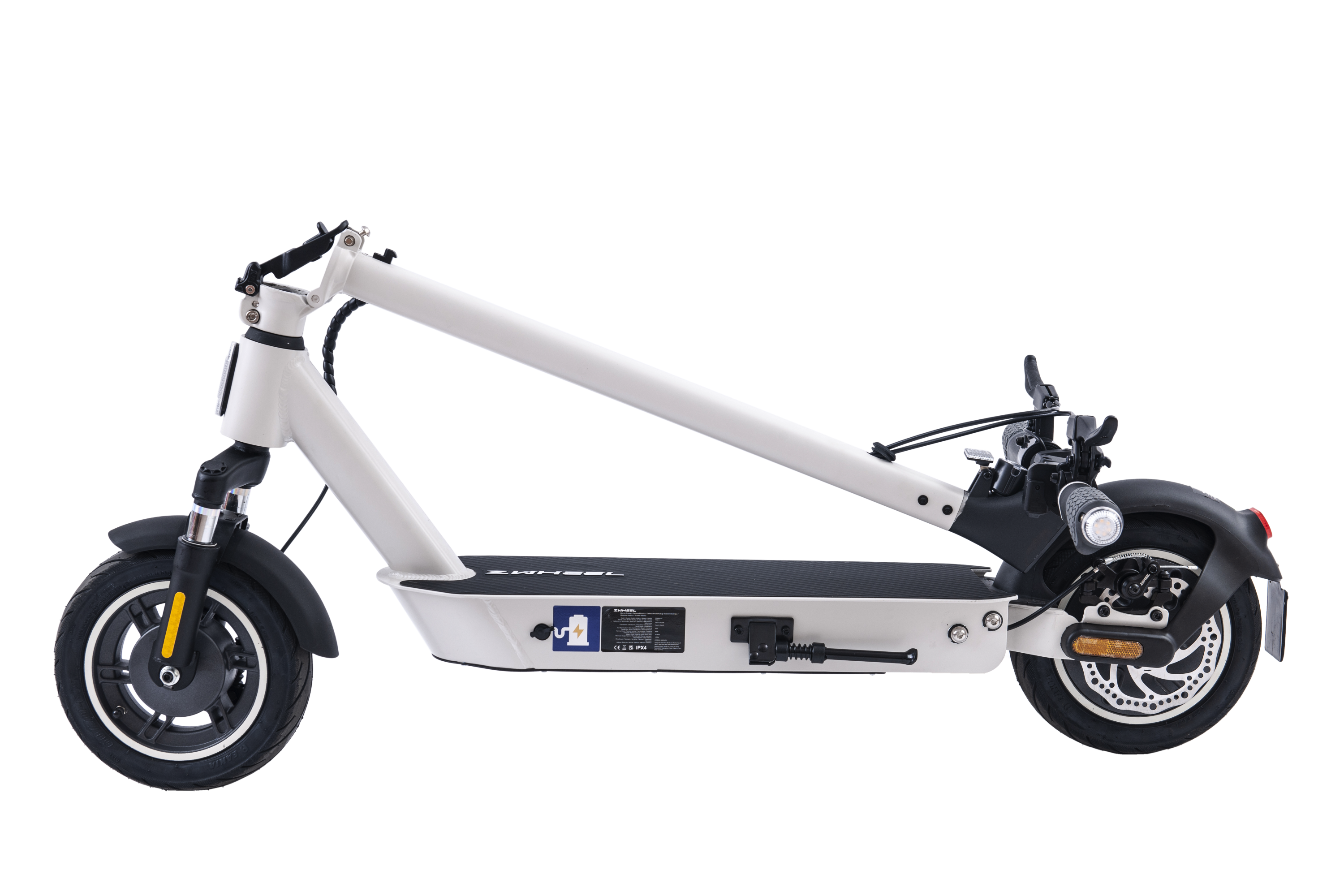 Scooter eléctrico blanco y gris, plegado. Llantas y guardabarros negros, acentos amarillos al frente.