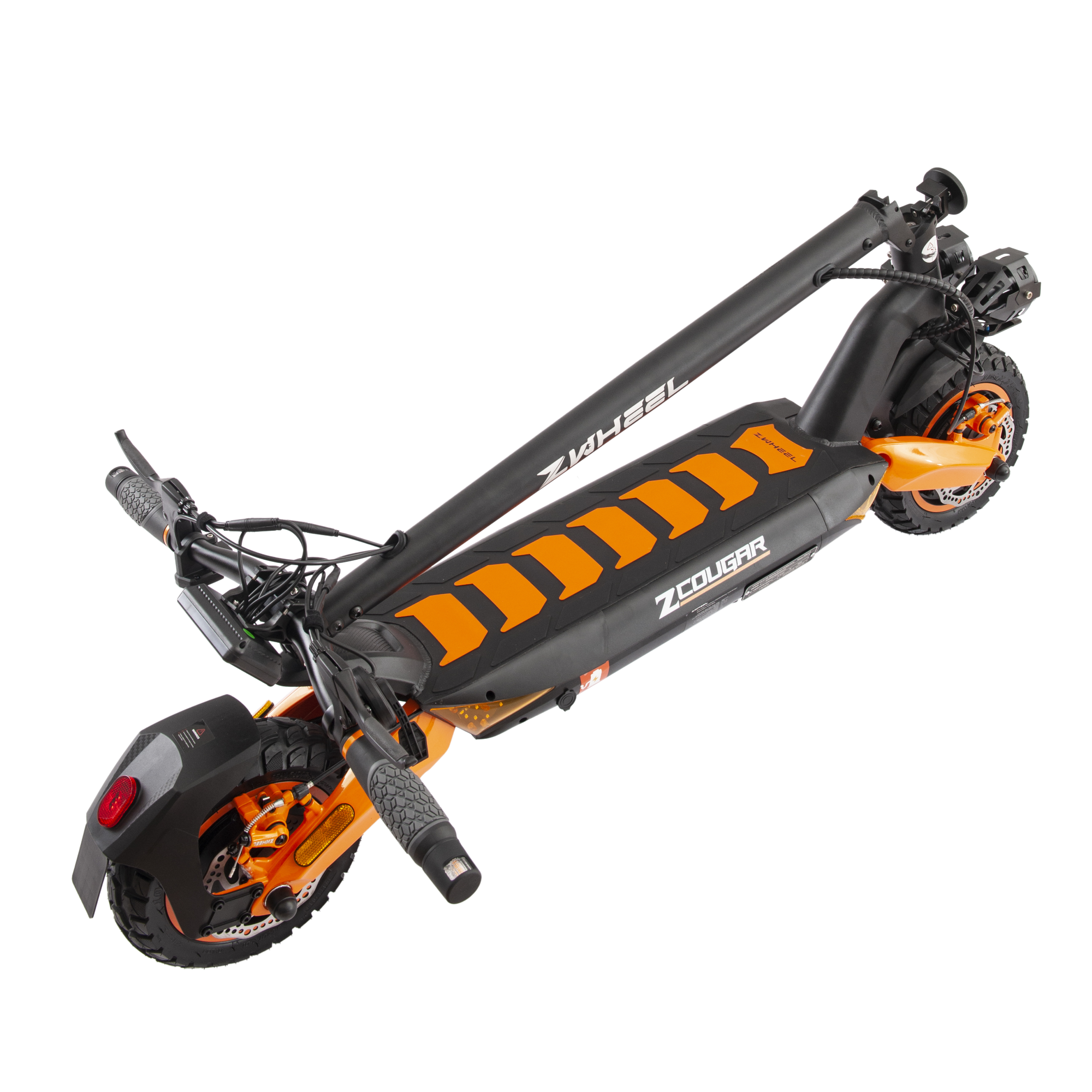 Scooter eléctrico negro y naranja, desde una perspectiva cenital.