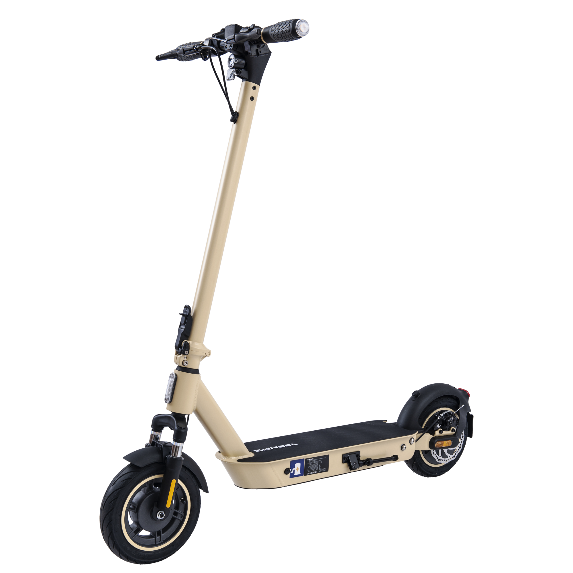 Un patinete eléctrico beige con ruedas negras, manillar y base negra. Sobre fondo blanco.