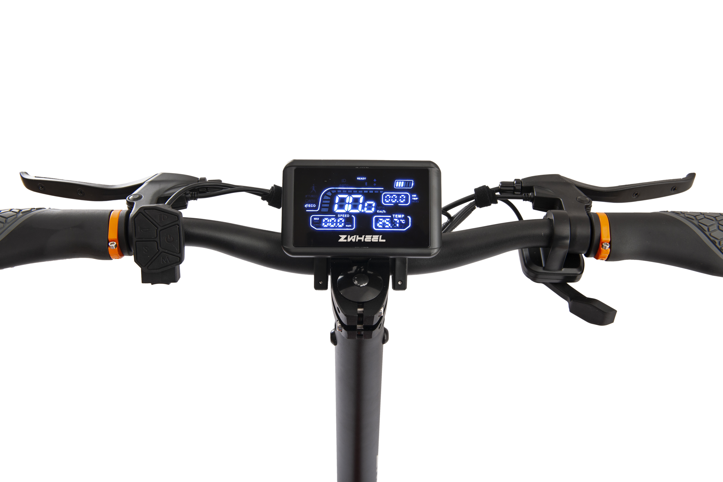 El manillar de un scooter con una pantalla digital. La pantalla muestra la velocidad, la temperatura y el nivel de la batería.