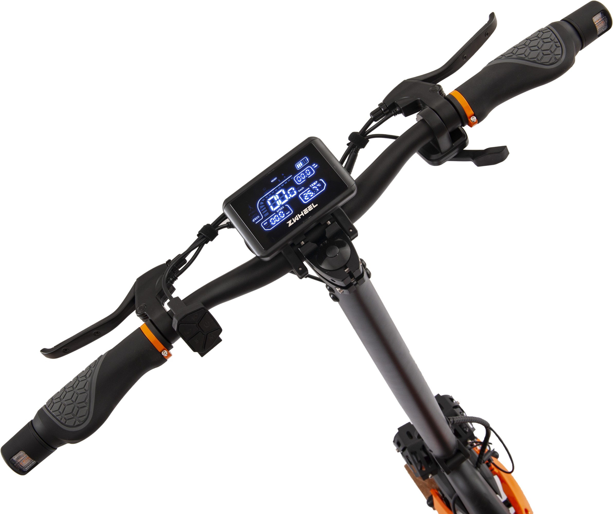 Manillar de patinete eléctrico con pantalla que muestra velocidad y nivel de batería, y detalles en naranja.