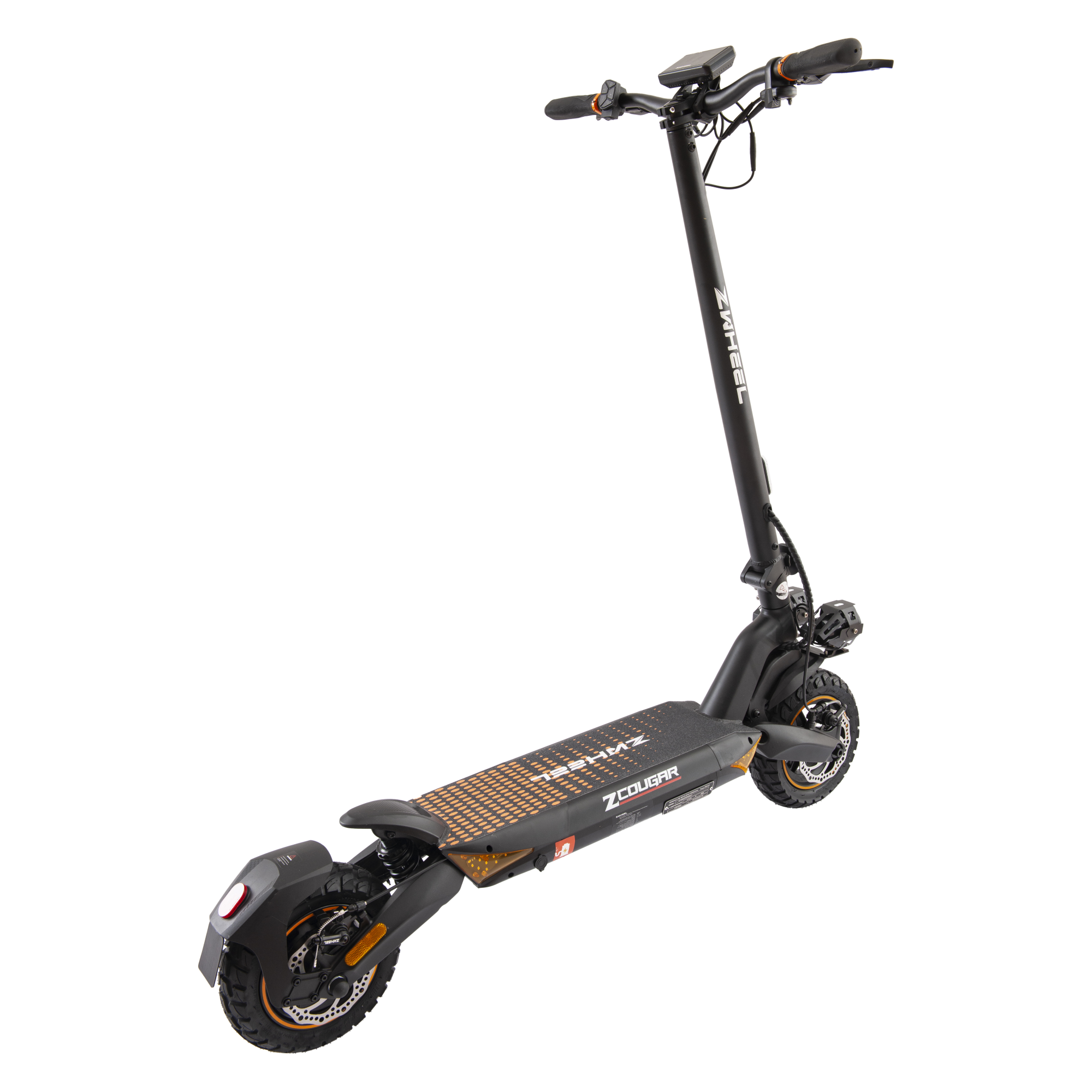 Patinete eléctrico negro, con detalles naranjas, sobre fondo negro.