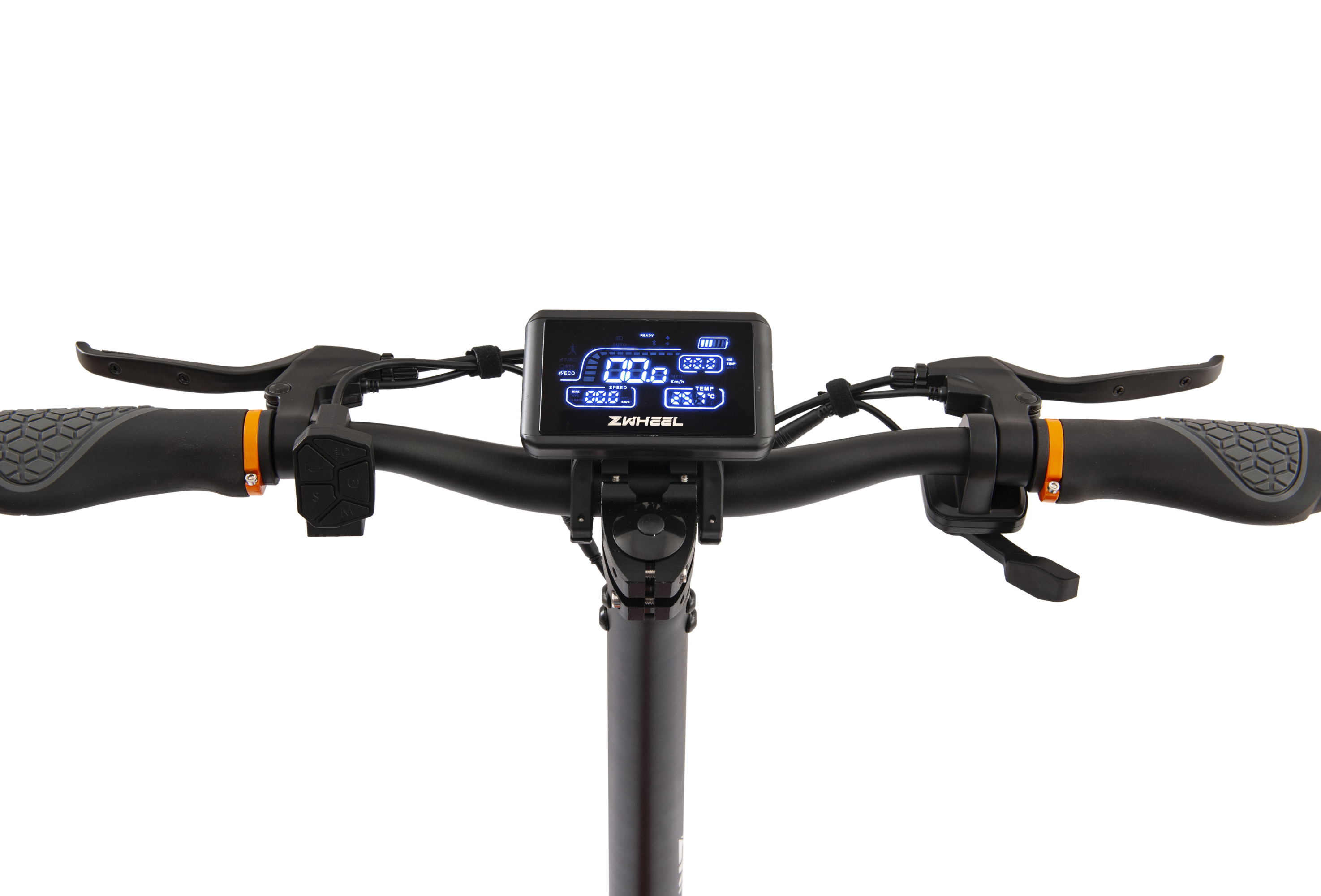 Manillar de scooter negro con pantalla. La pantalla muestra velocidad y batería.