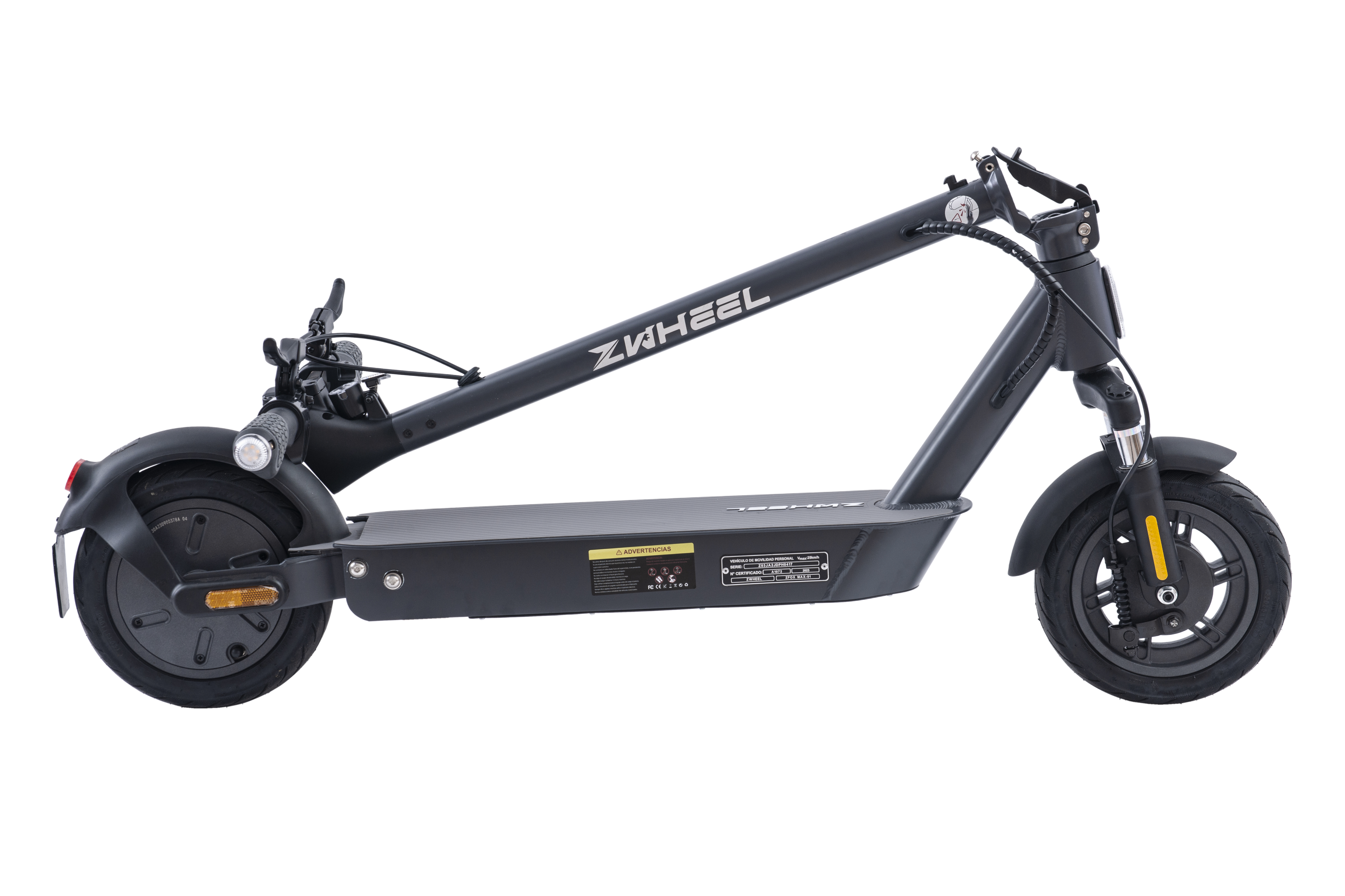 Scooter elettrico nero su sfondo bianco. Lo scooter è angolato, con il logo ZWHEEL visibile.