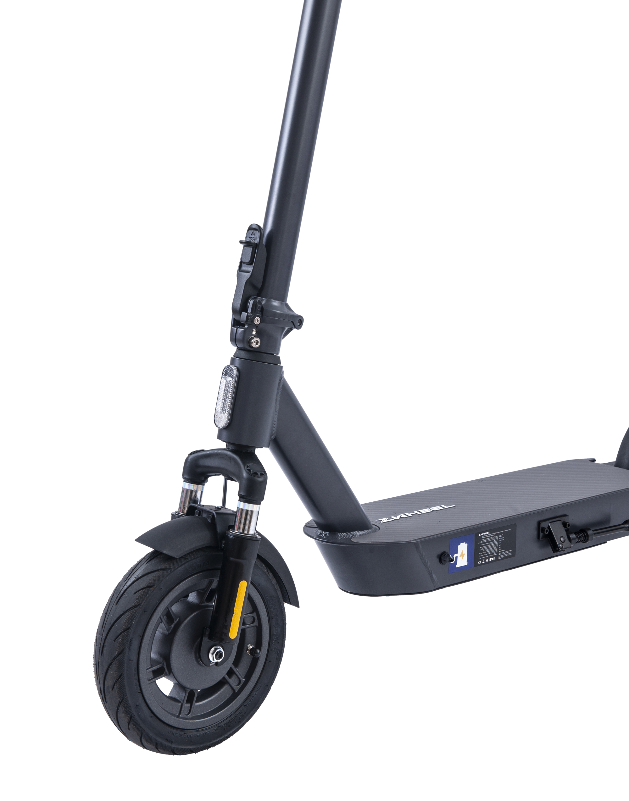 Un monopattino elettrico nero di ZWHEEL, con la ruota anteriore e la sospensione visibili.