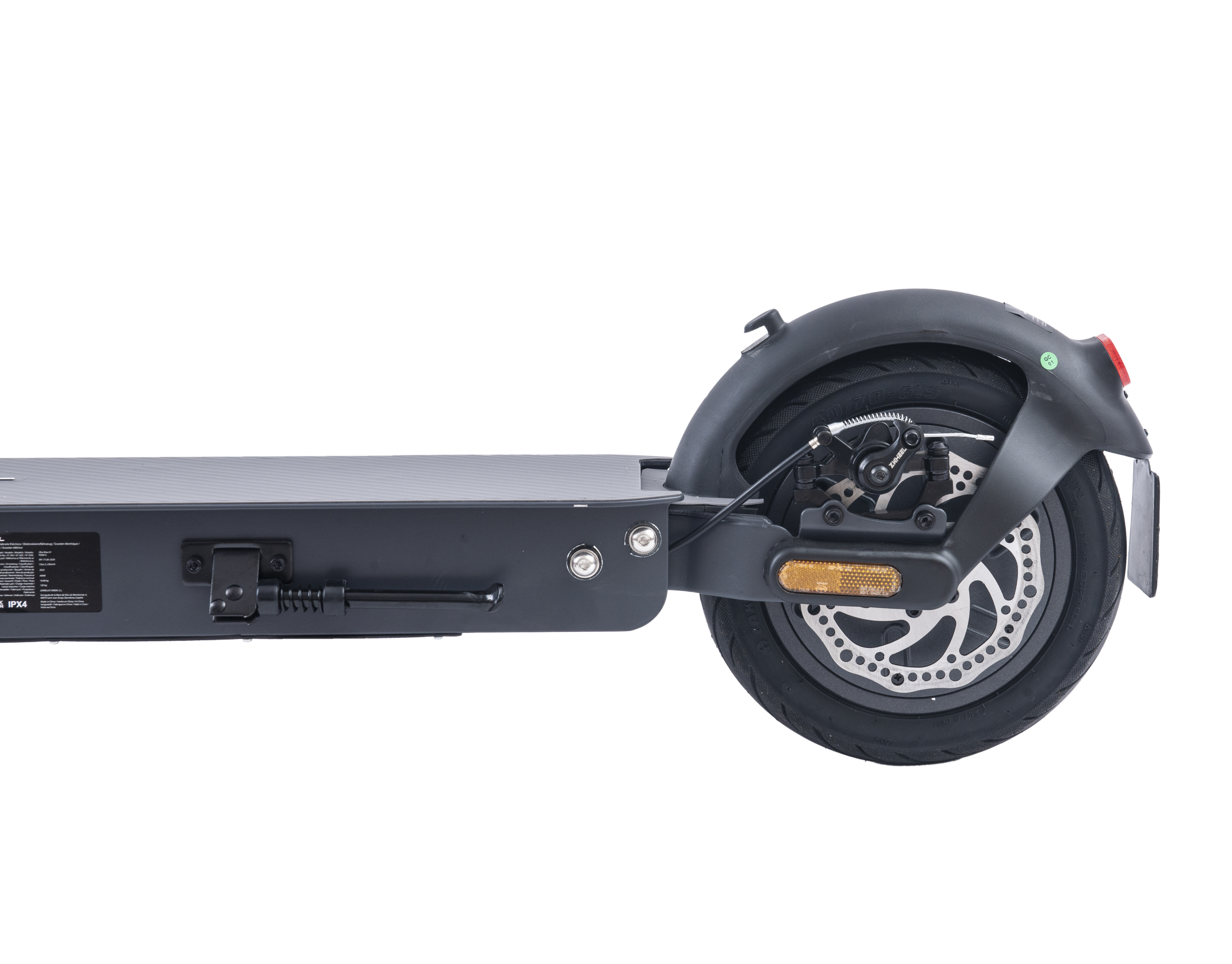 Vista laterale di scooter elettrico nero. Ruota, freno a disco e sospensione visibili su sfondo nero.
