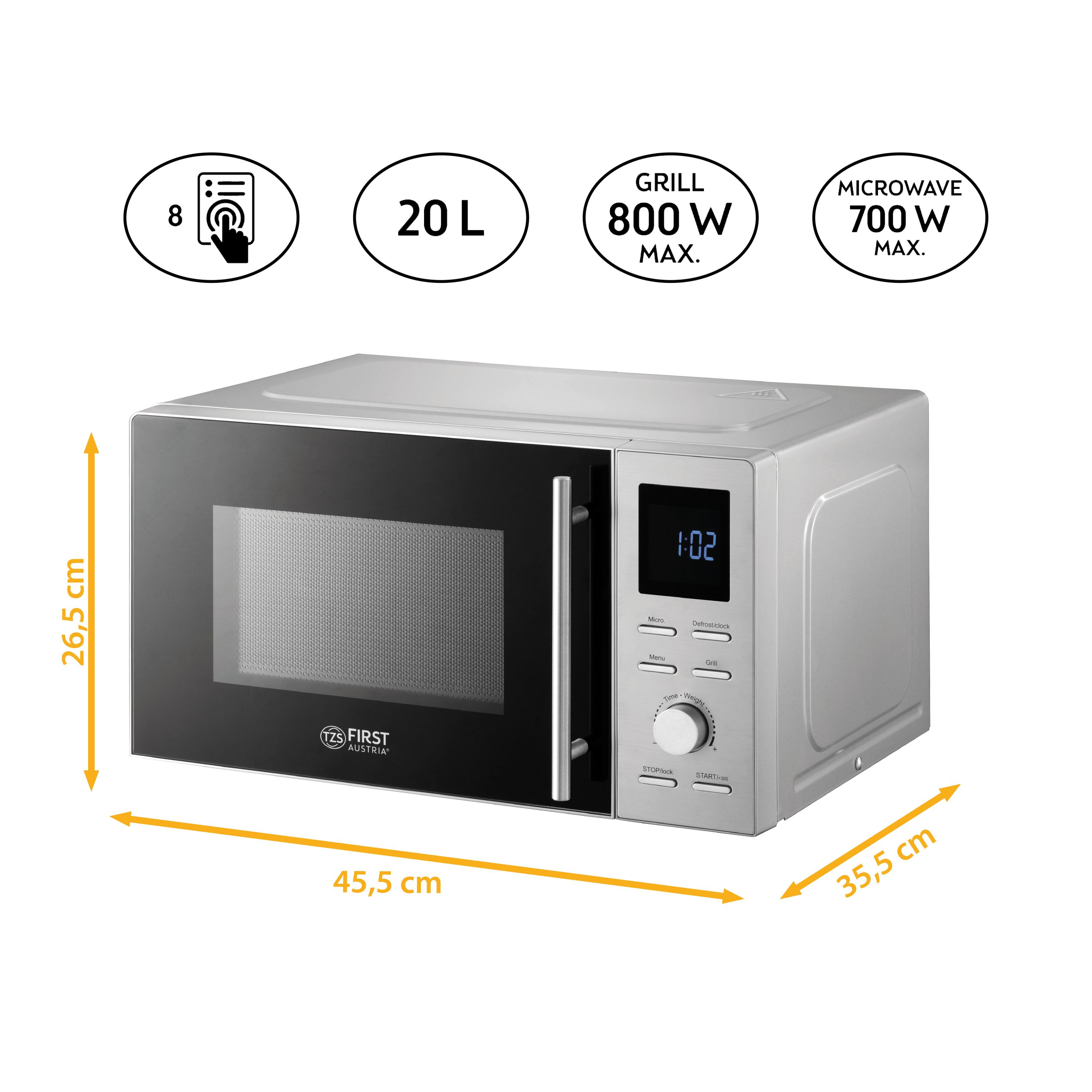 Silberne Mikrowelle mit Abmessungen. Zeigt 20 L, 8 Touch-Optionen, Grill 800W max und Mikrowelle 700W max.