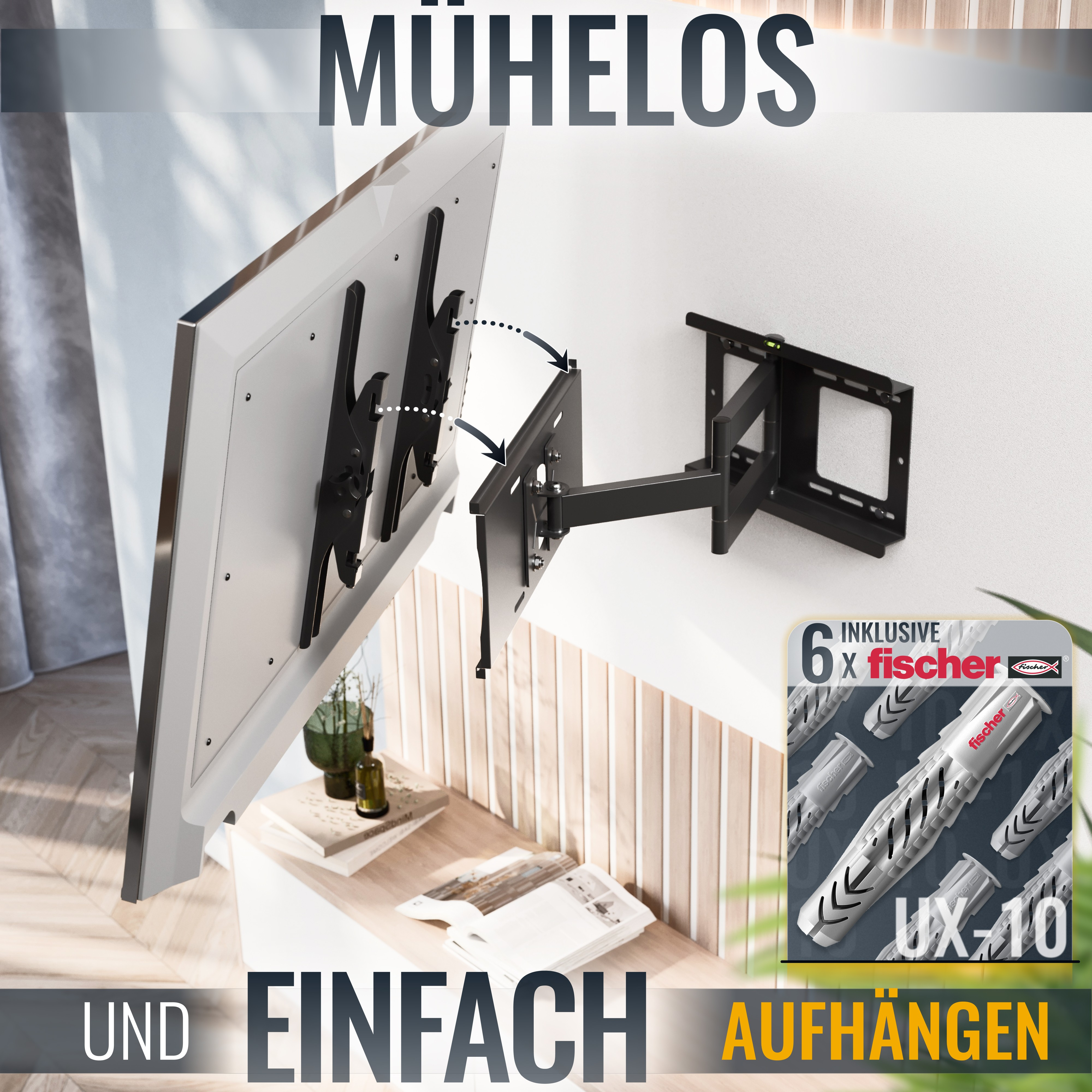 Fernseher an einer Wandhalterung. Text: Mühelos und einfach aufhängen.
