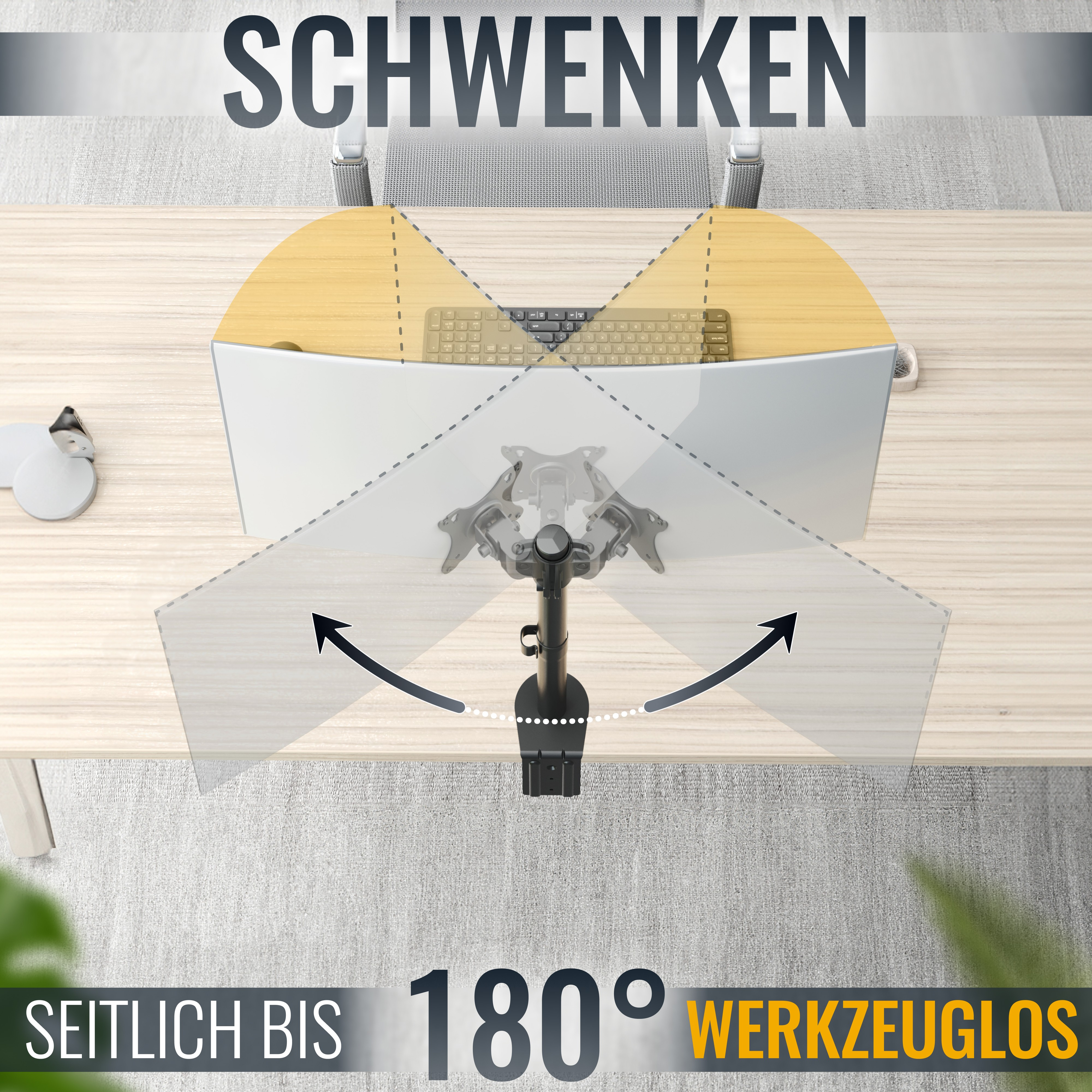 Eine Monitorhalterung mit einem gekrümmten Monitor und Pfeilen, die zeigen, wie sie geschwenkt werden kann.