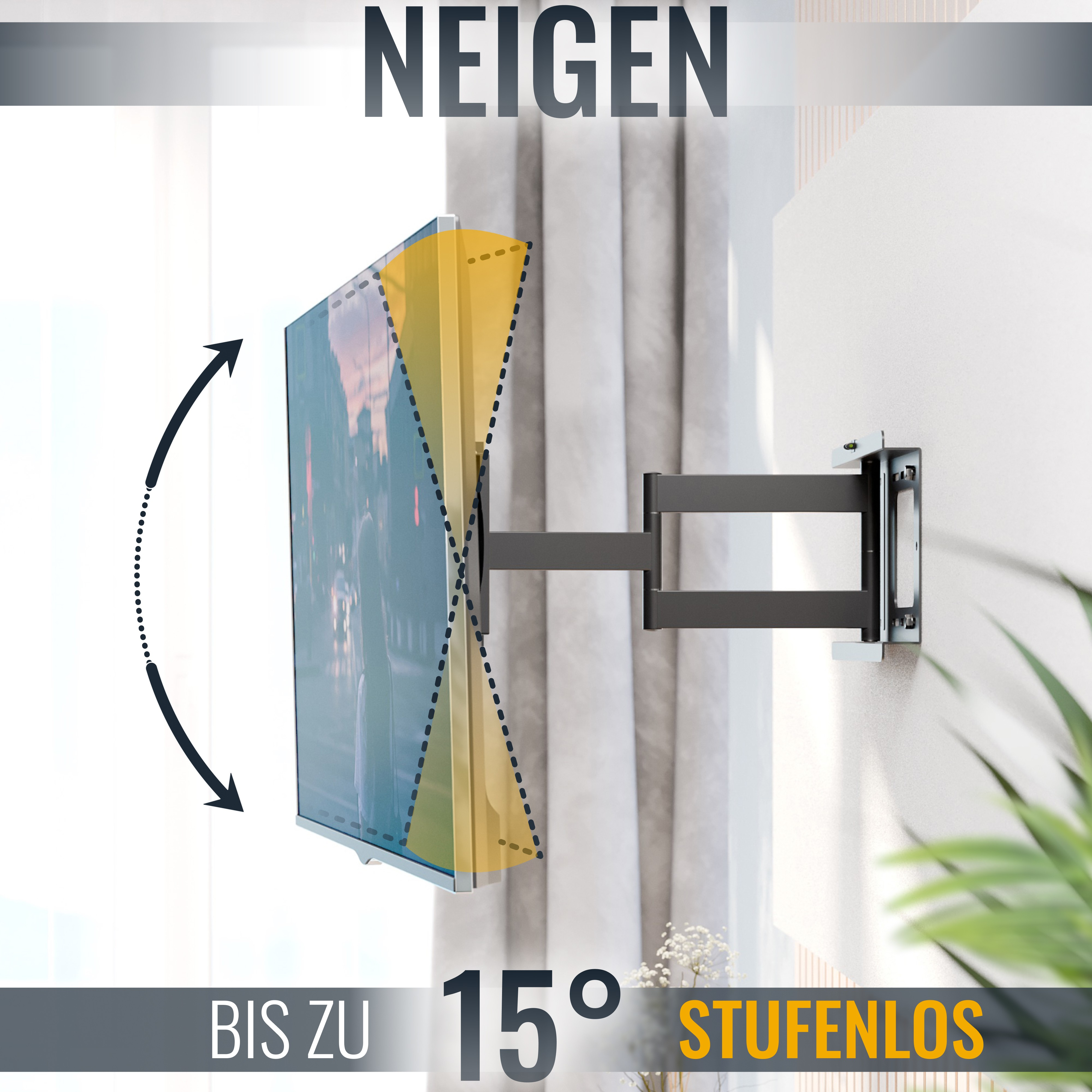 Ein Fernseher an einer Wand mit verstellbarem Arm. Der Fernseher ist geneigt und der Winkel wird hervorgehoben.