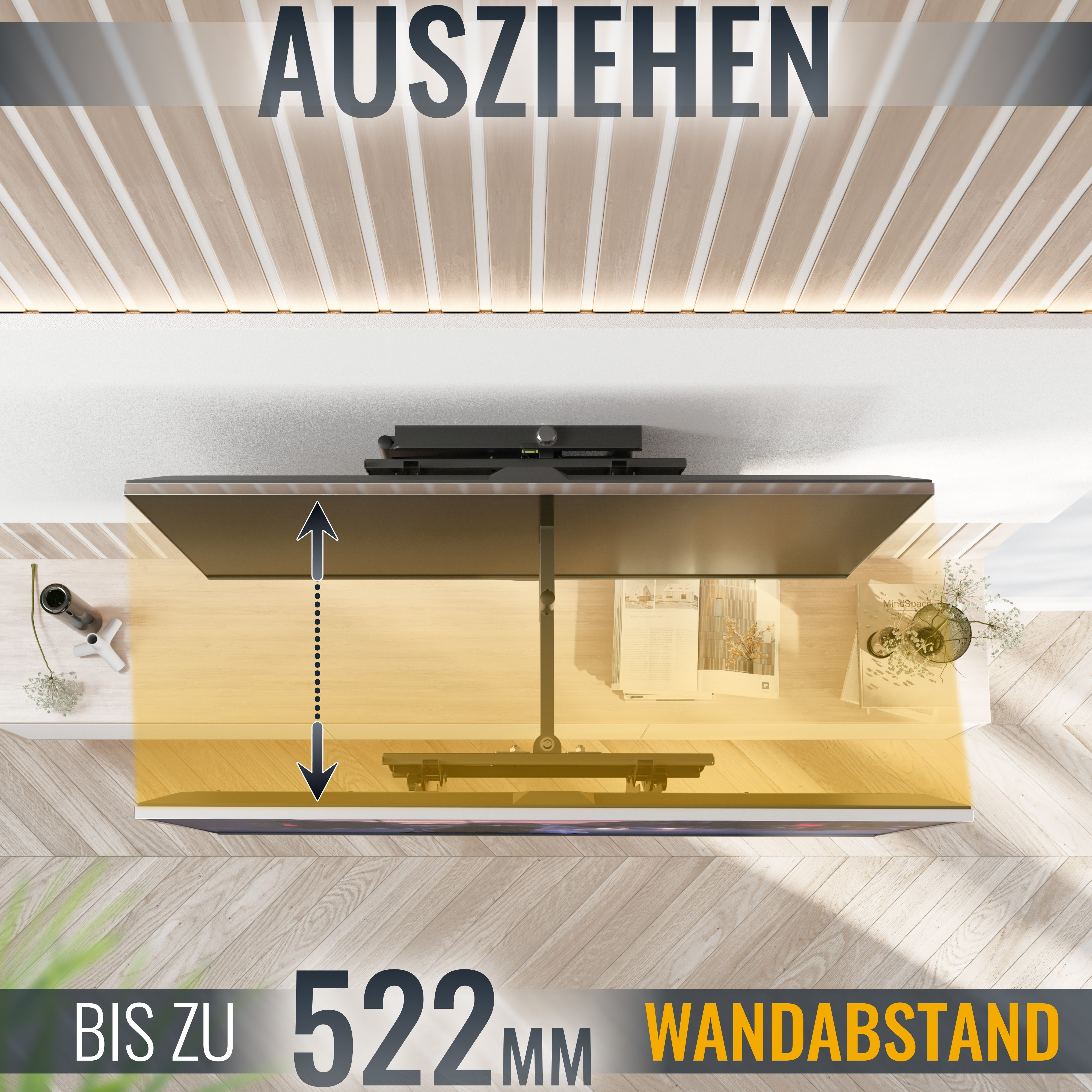 Fernseher, der von einer Wand weggezogen wird. Text-Overlay zeigt Abmessungen und Abstand.