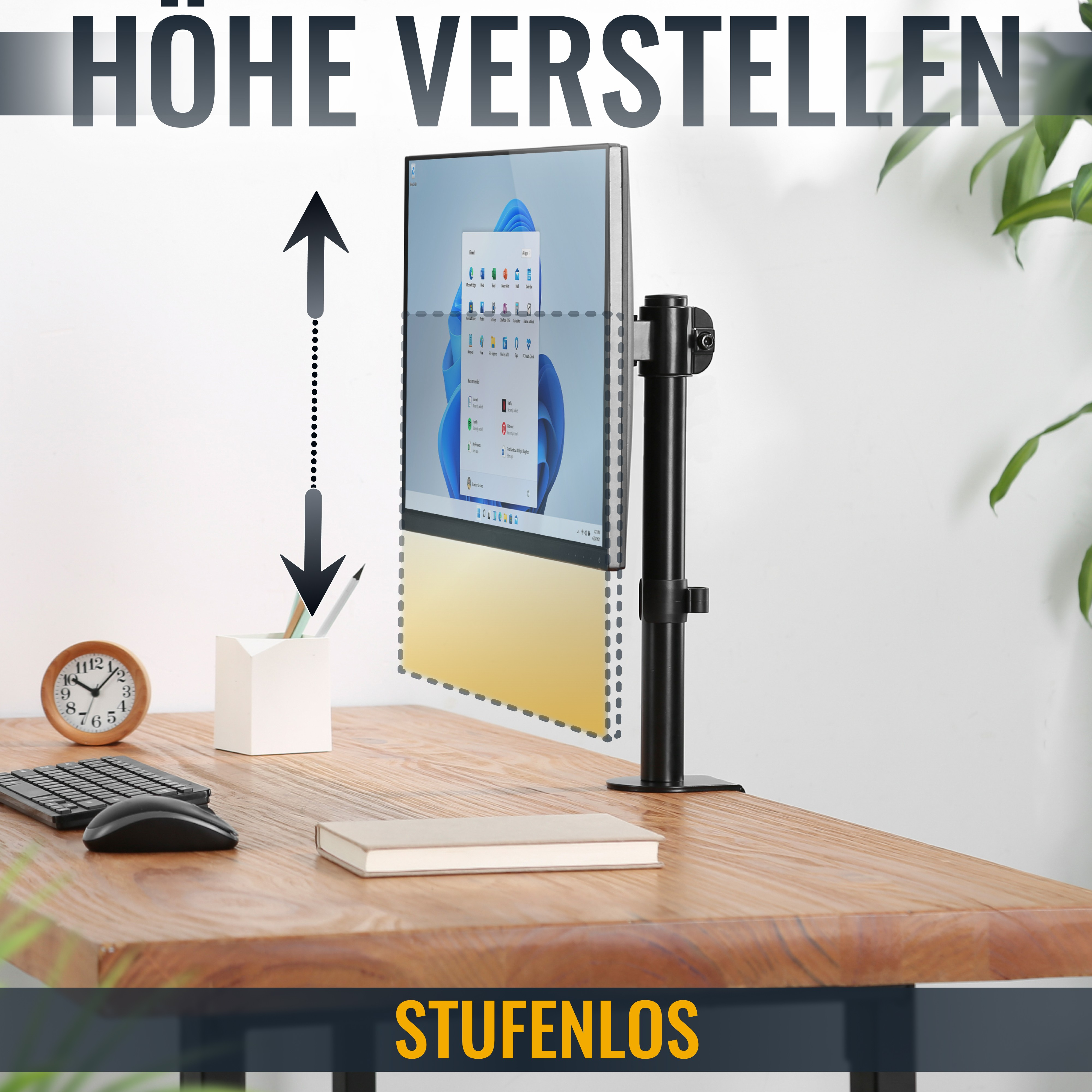 Monitor auf einem Ständer mit Höhenverstellung. Text: HöHE VERSTELLEN (Höhe einstellen) STUFENLOS (Stufenlos).