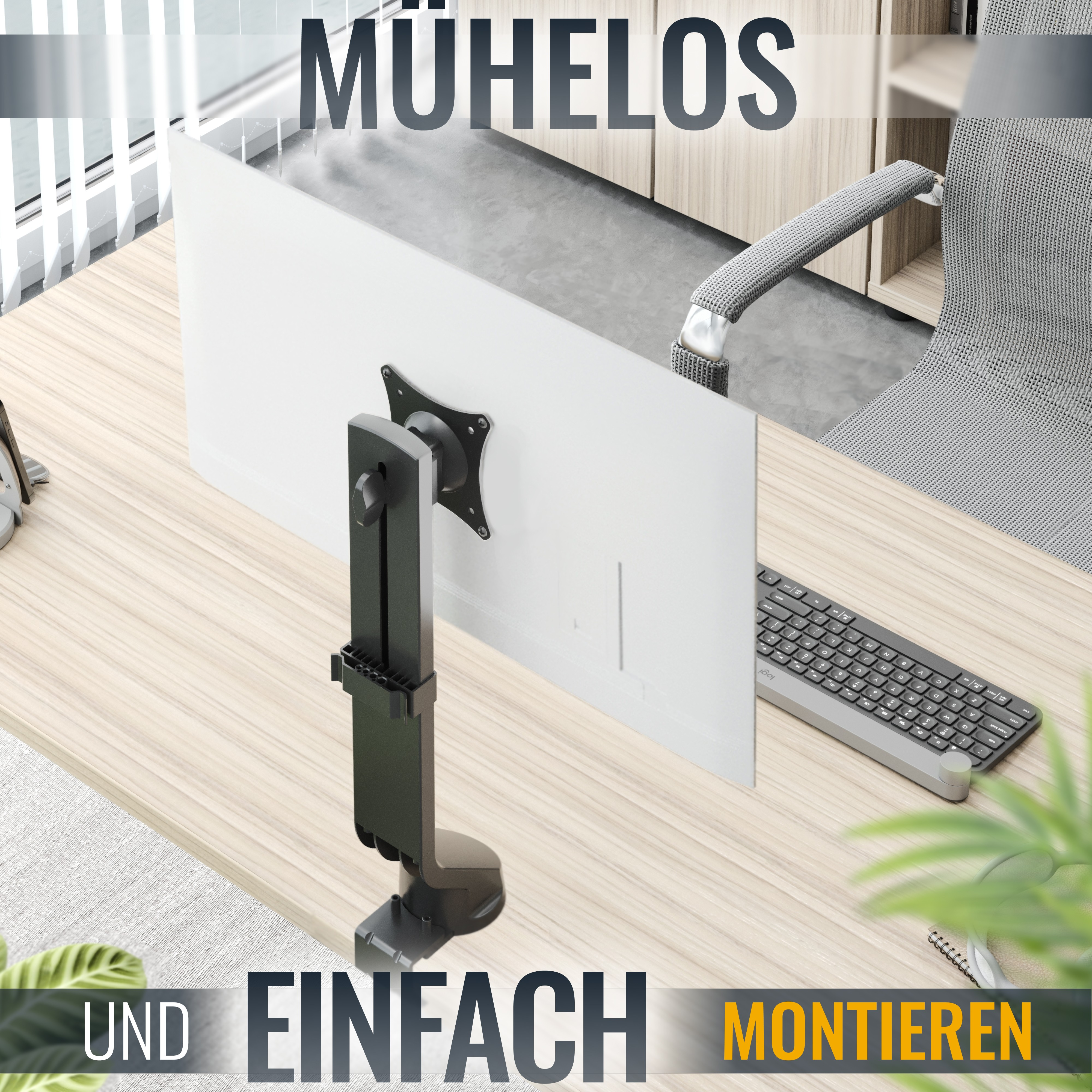 Ein Monitor an einem Schreibtisch befestigt. Der Monitor ist weiß, mit schwarzem Ständer und grauer Tastatur.