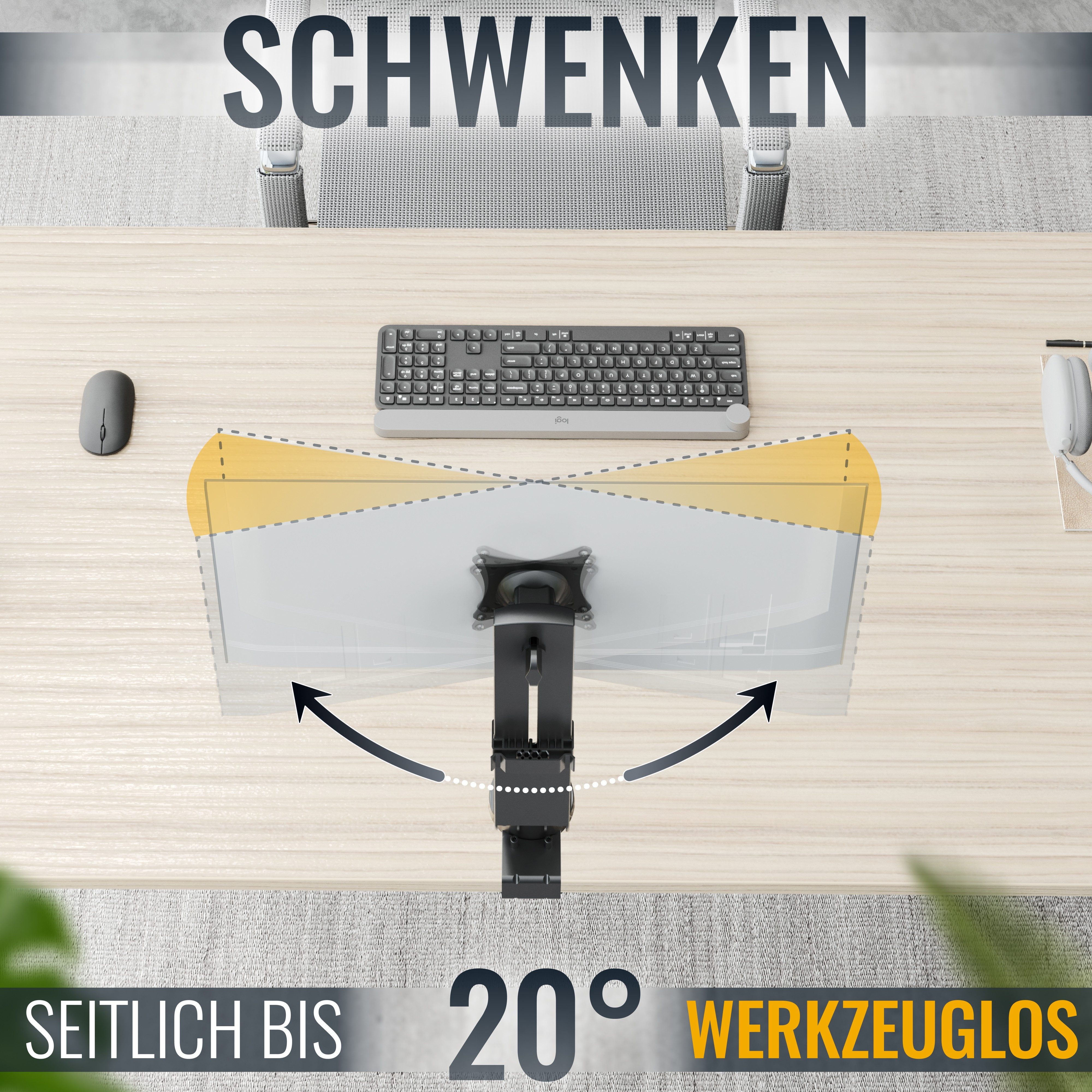 Ein Schreibtisch-Setup mit einem Monitor, der sich um 20 Grad schwenken lässt, mit Tastatur und Maus.