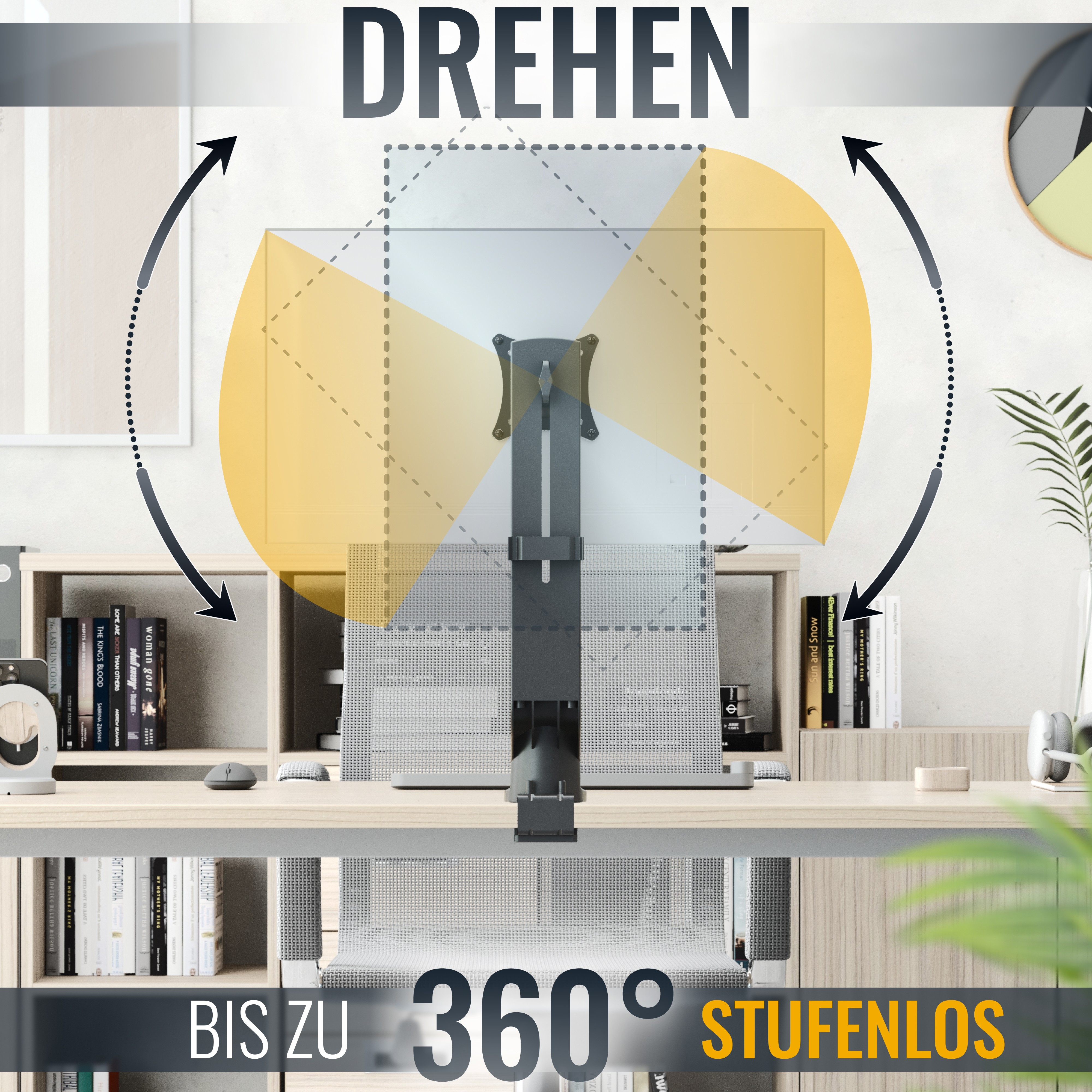 Ein Computermonitorständer auf einem Schreibtisch mit einem Computer und Pfeilen, die eine 360-Grad-Drehung anzeigen.