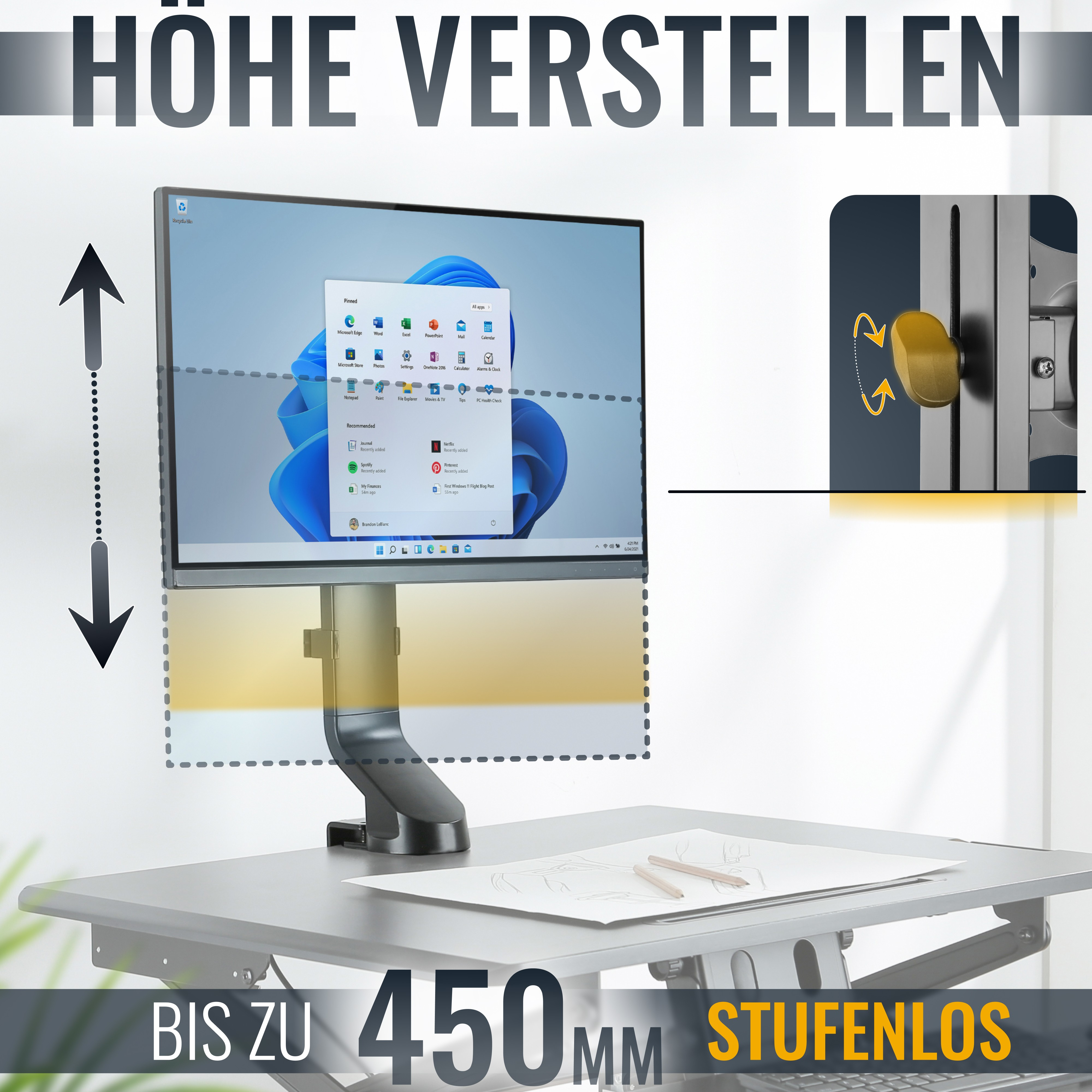 Ein Monitorarm, der die einstellbare Höhe zeigt. Pfeile zeigen die vertikale Einstellung an.