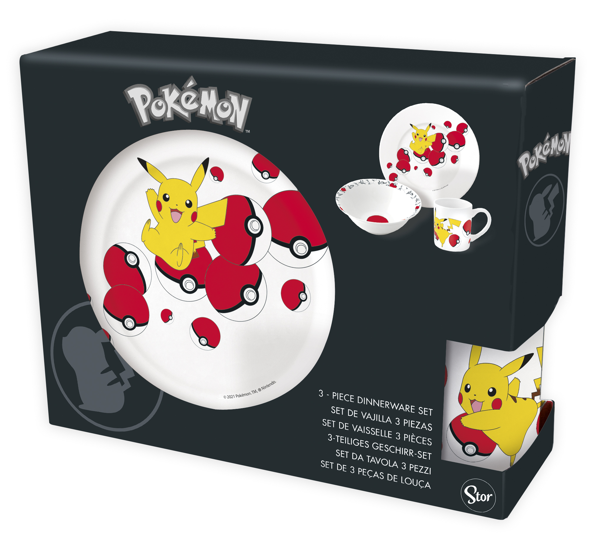 Pokemon-Geschirrset in einer Box. Pikachu- und Pokeball-Designs.