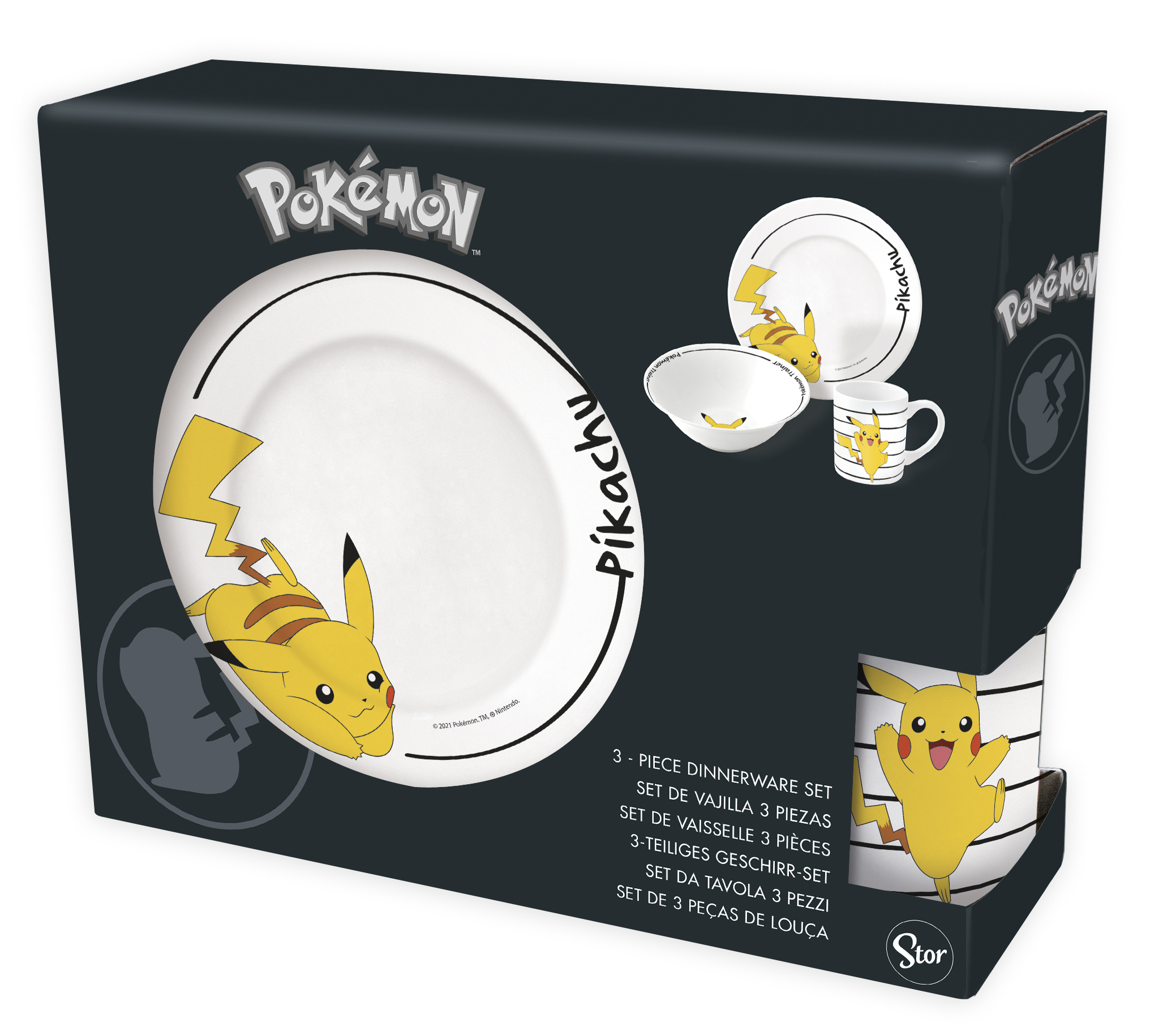 Ein Pokemon-Geschirrset mit Pikachu auf Tellern, einer Schüssel und einem Becher in einer schwarzen Box.