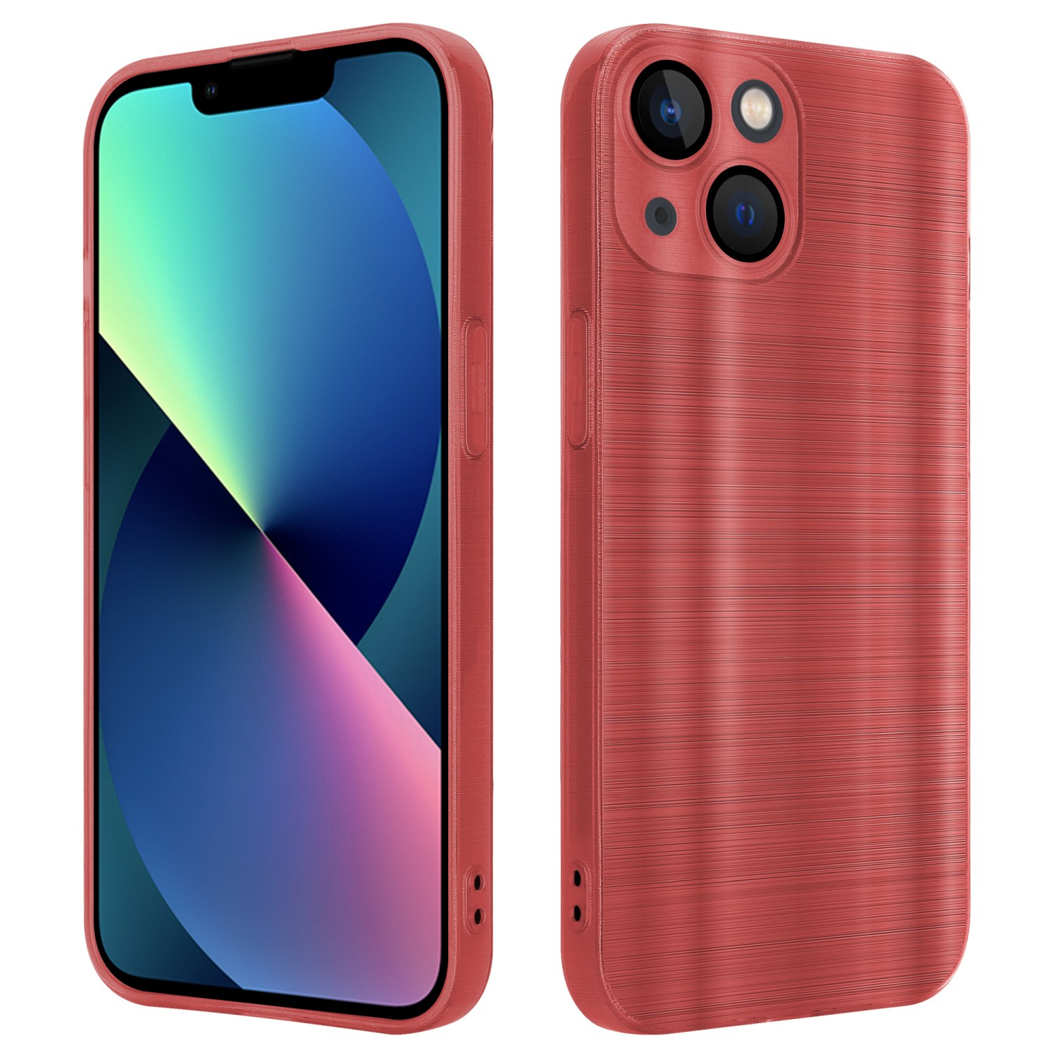 Rote Handyhülle und ein Telefon. Das Telefon ist schwarz und hat einen blauen Bildschirm.