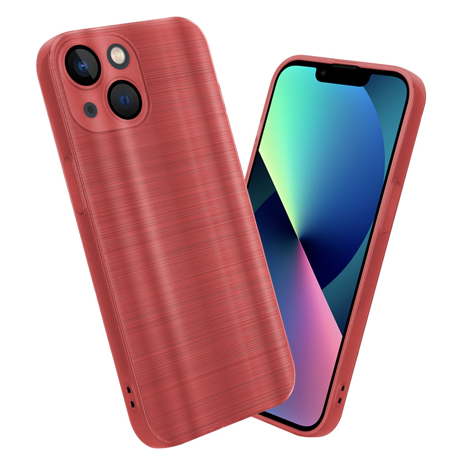 Zwei Handyhüllen sind abgebildet, eine ist auf dem Telefon, rote Farbe. Die andere ist separat, ebenfalls rot.