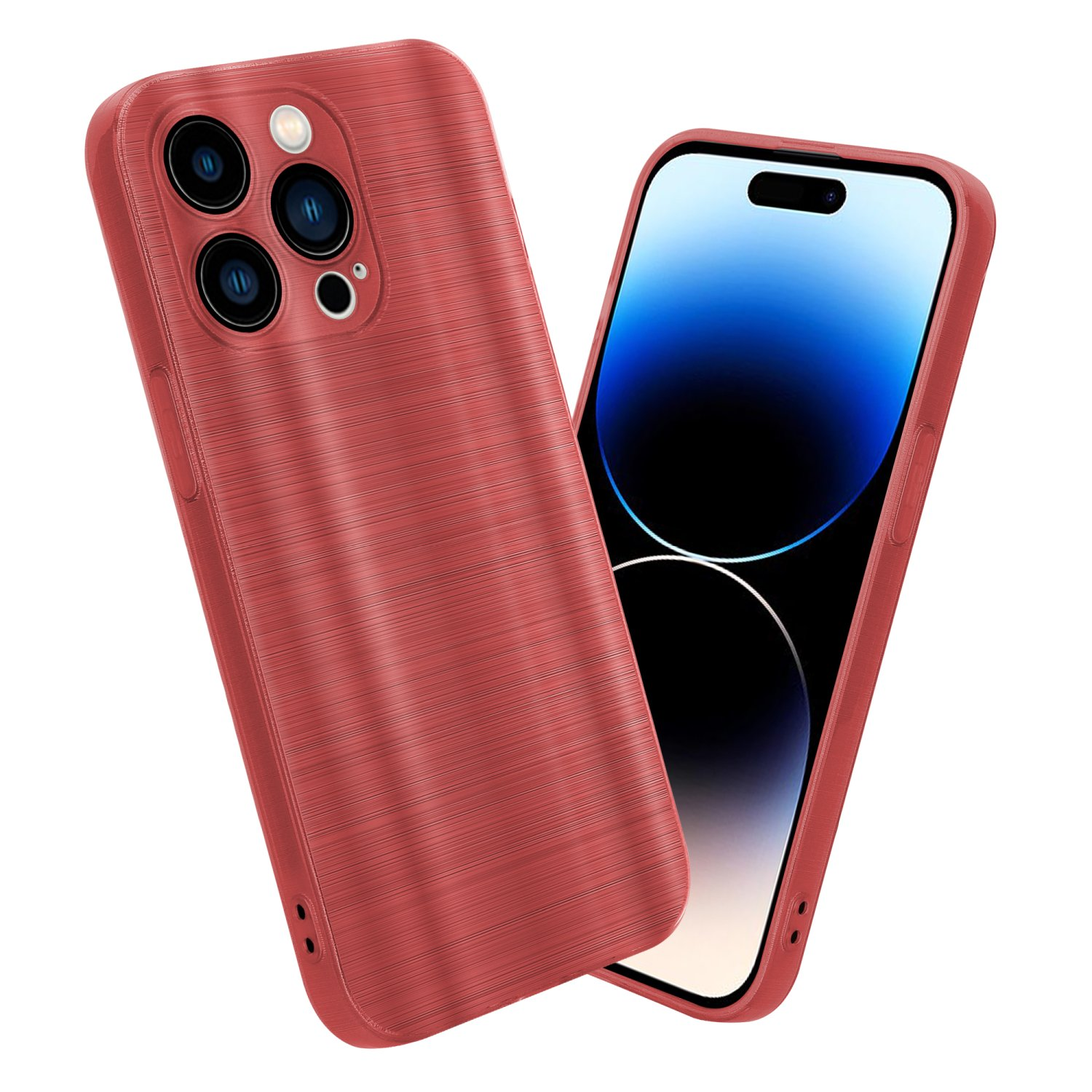 Zwei rote Handyhüllen mit gebürsteter Metallstruktur, eine bedeckt ein Telefon.