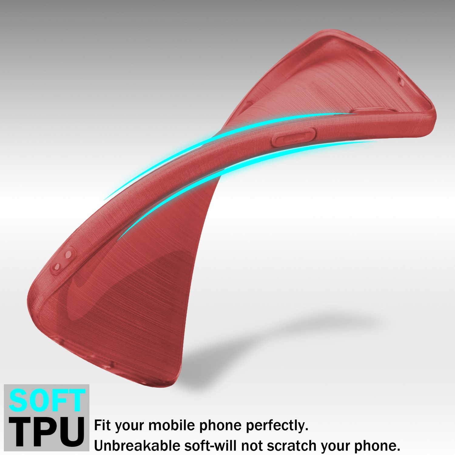 Rote Handyhülle biegt sich. Text: SOFT TPU. Nachricht: Passen Sie Ihr Handy perfekt an.