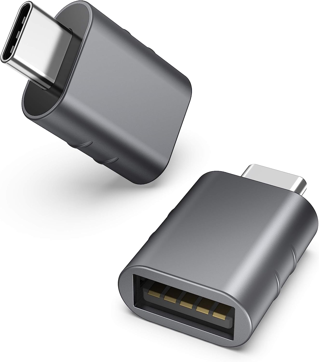 Zwei graue USB-C-Adapter mit Metallic-Finish.