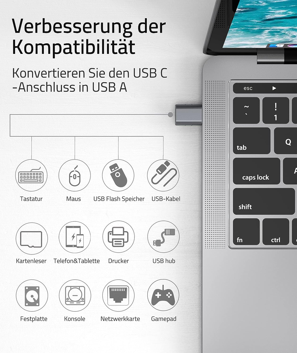 Laptoptoetsenbord en een USB-C-adapter. Pictogrammen van apparaten en tekst in het Duits. Witte achtergrond.