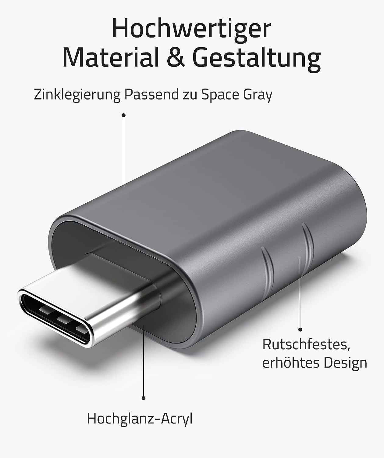 Ein grauer Adapter mit USB-C-Anschluss. Text auf dem Produkt: Hochwertiges Material & Design.