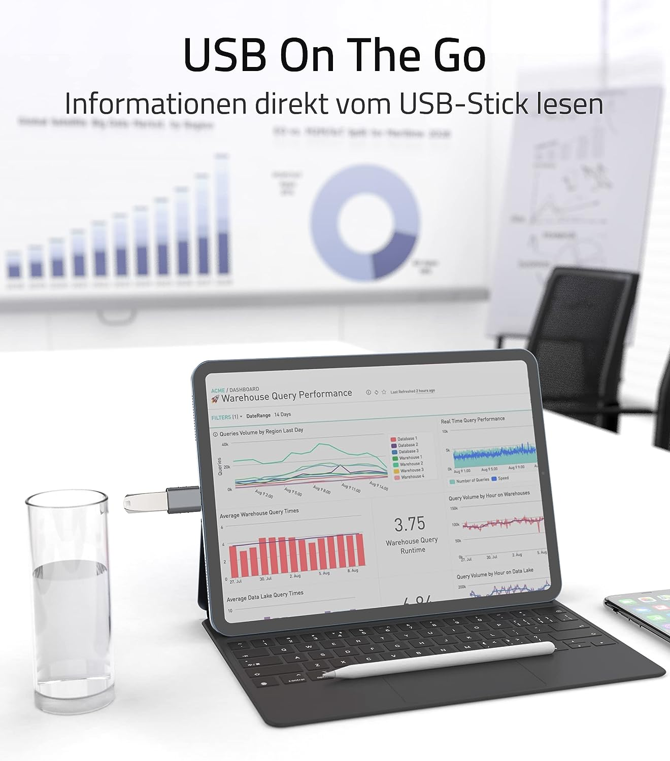 Een tablet met toetsenbord, een glas water en een grafiek op het scherm.