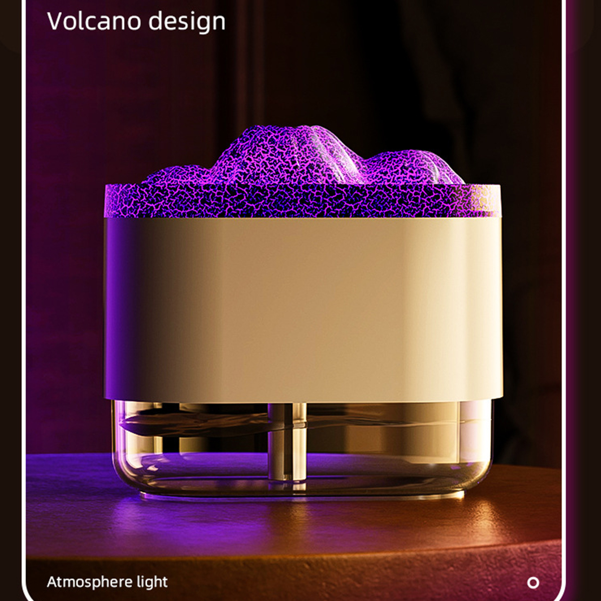 Weißer und transparenter Luftreiniger mit lila Licht. Vulkan-Design. Atmosphäre-Lichteffekt.
