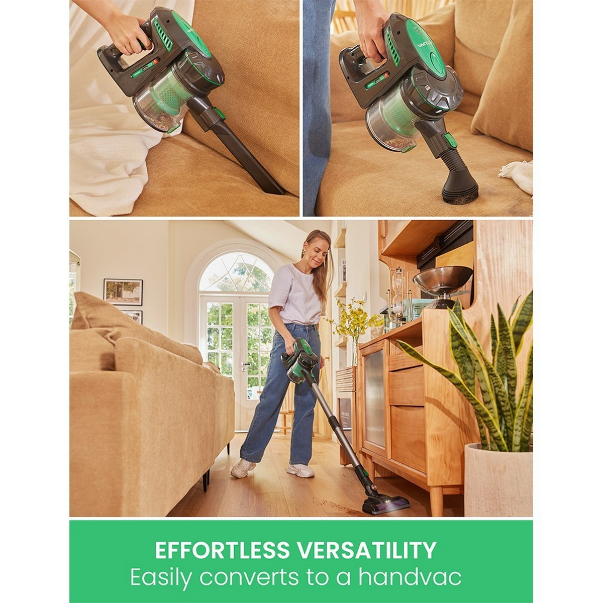 Múltiples imágenes de una aspiradora inalámbrica siendo utilizada en muebles y superficies de suelo.