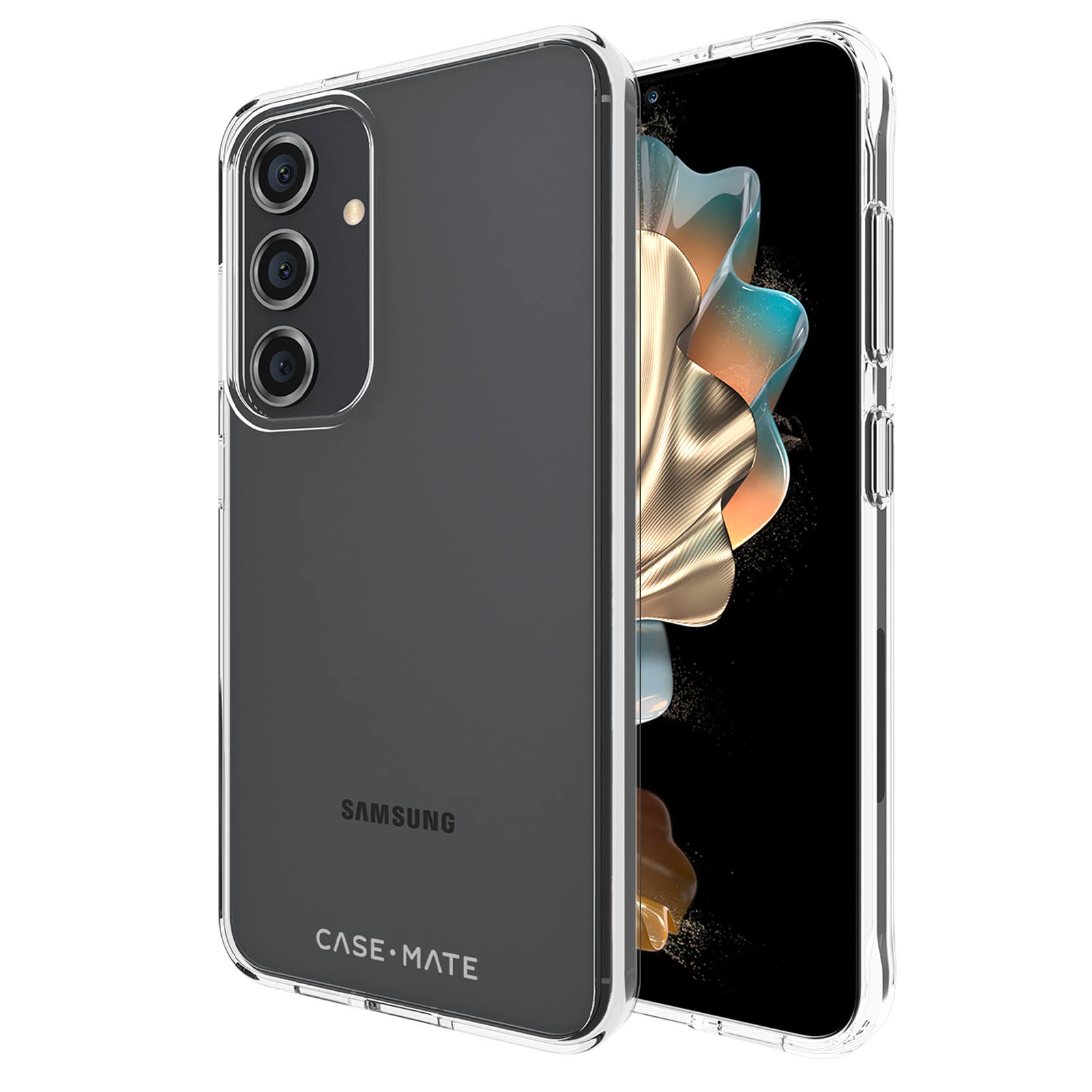 Custodia trasparente per telefono su un telefono Samsung. Il telefono mostra un display colorato. La custodia ha il logo Case Mate.