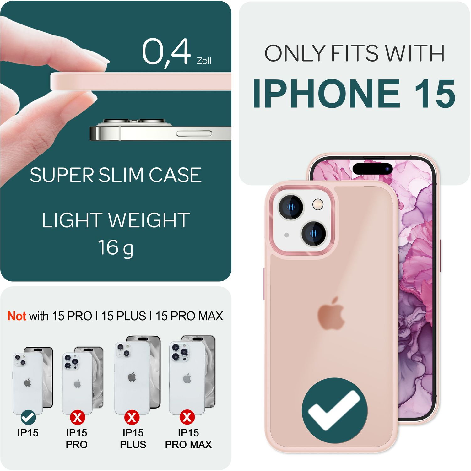 Une coque de téléphone, avec un iPhone 15 et d'autres modèles d'iPhone. La coque est rose et le téléphone est montré avec une coche.
